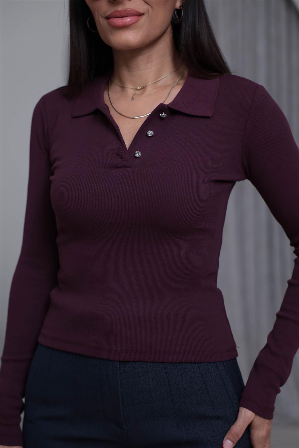 7195 Taş Düğme Detaylı Polo Yaka Bluz MÜRDÜM