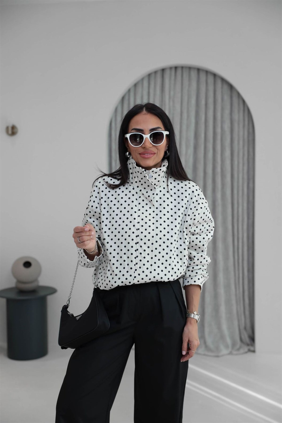 1381 Puantiye Esnek Kumaş Dik Yaka Bomber Ceket KREM