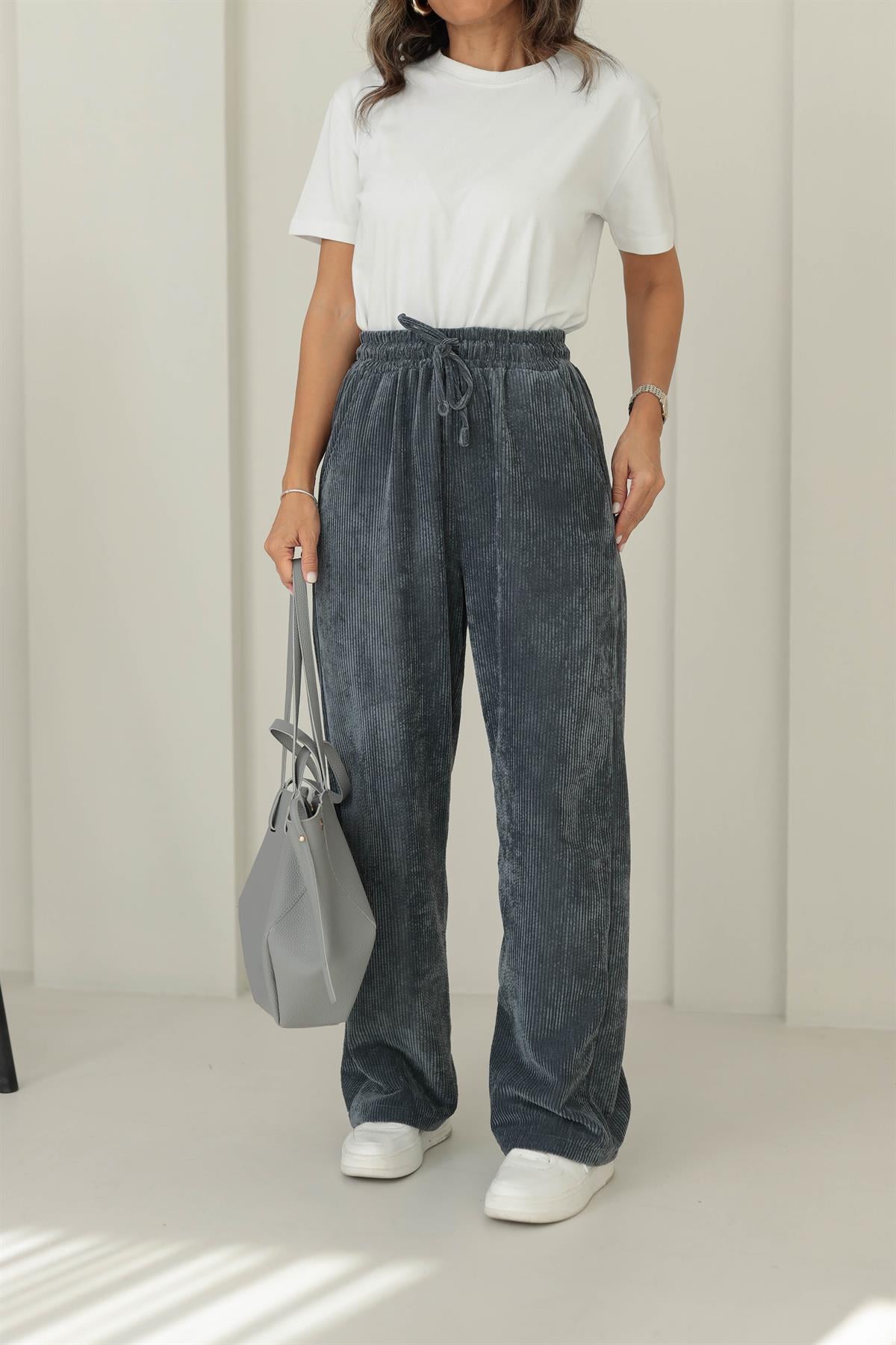 1211 Bol Kalıp Bel Lastikli Kadife Pantolon ANTRASİT