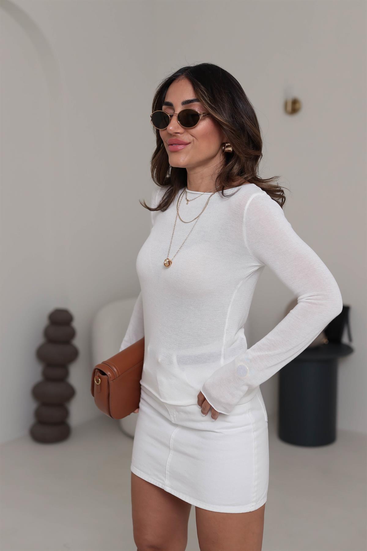 Havuz Yaka İnce Merserize Triko Bluz BEYAZ