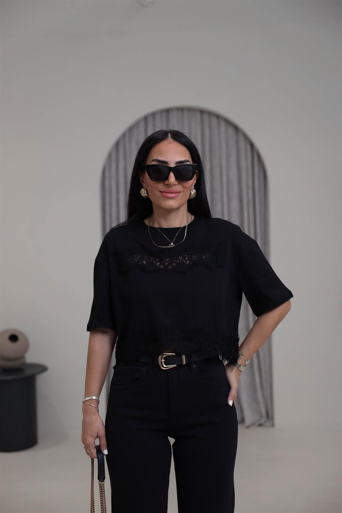 2252 Dantel Detaylı Pamuklu Kısa Tshirt SİYAH