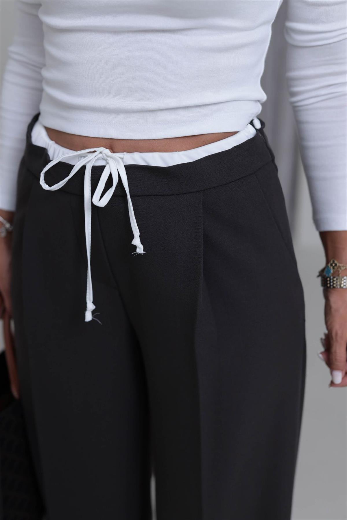 5179 Bel Detaylı Bağcıklı Kumaş Pantolon KAHVE