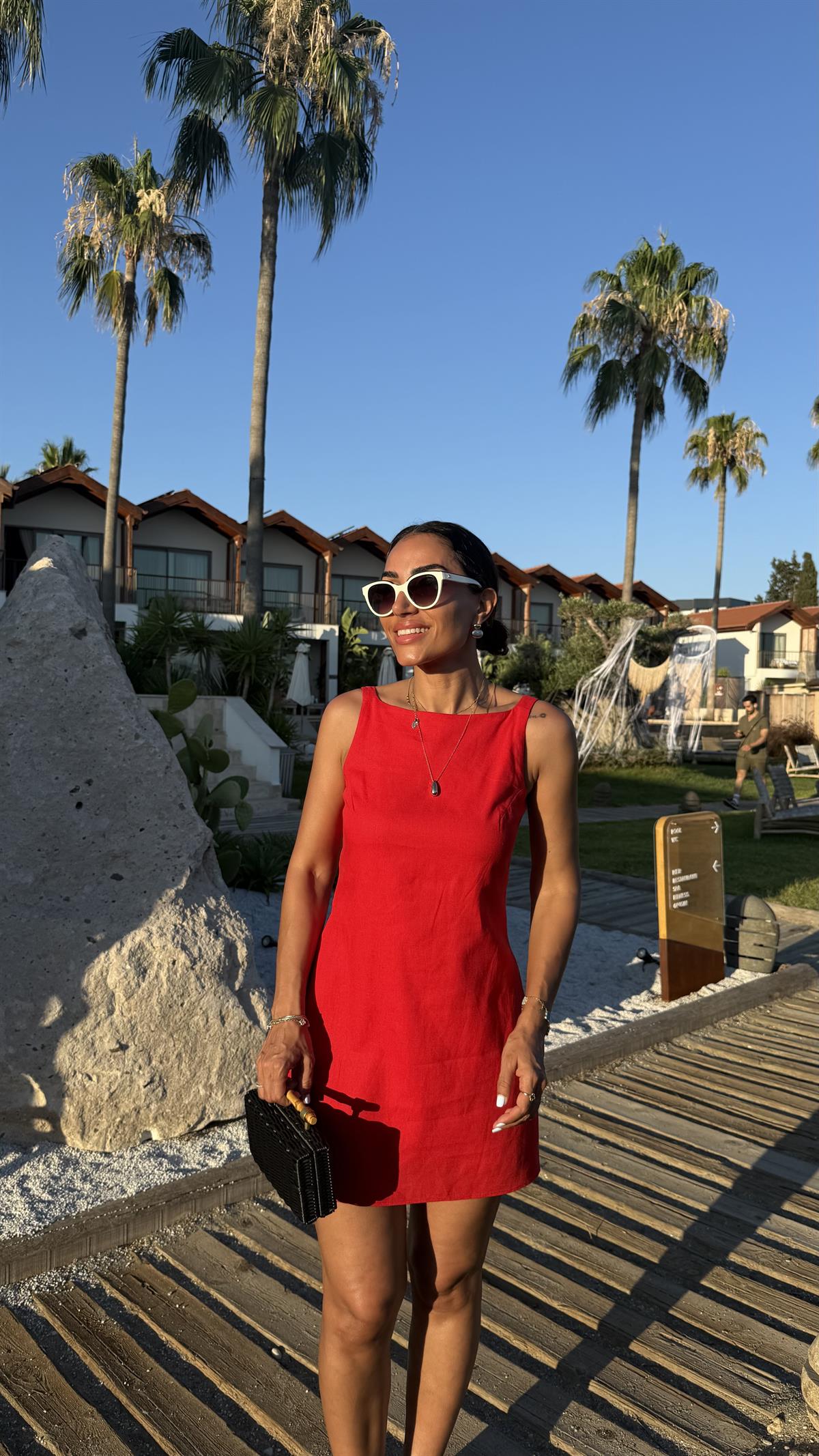 4140 Halter Yaka Astarlı Keten Mini Elbise KIRMIZI