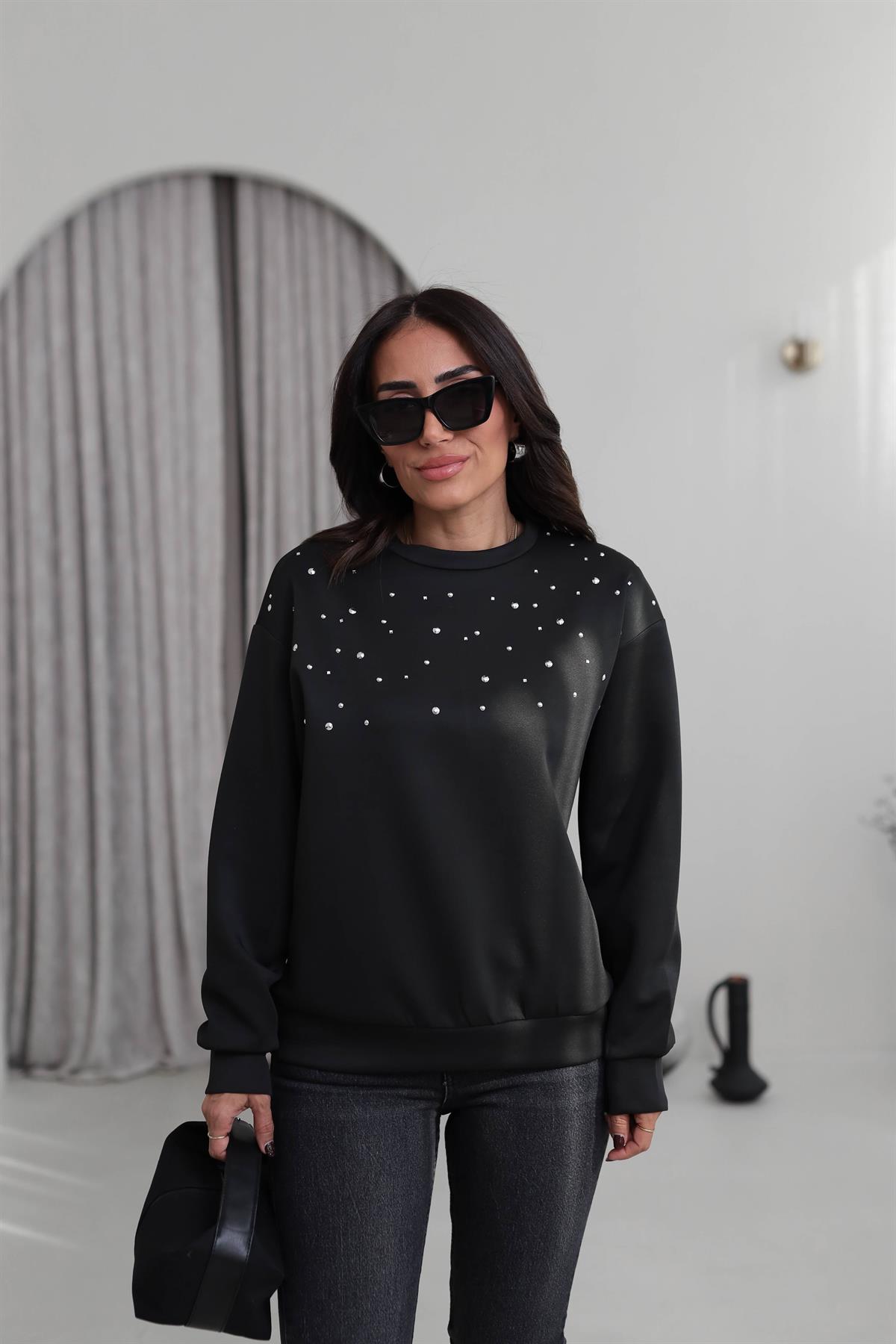5902 Serpme Taşlı Scuba Sweatshirt SİYAH