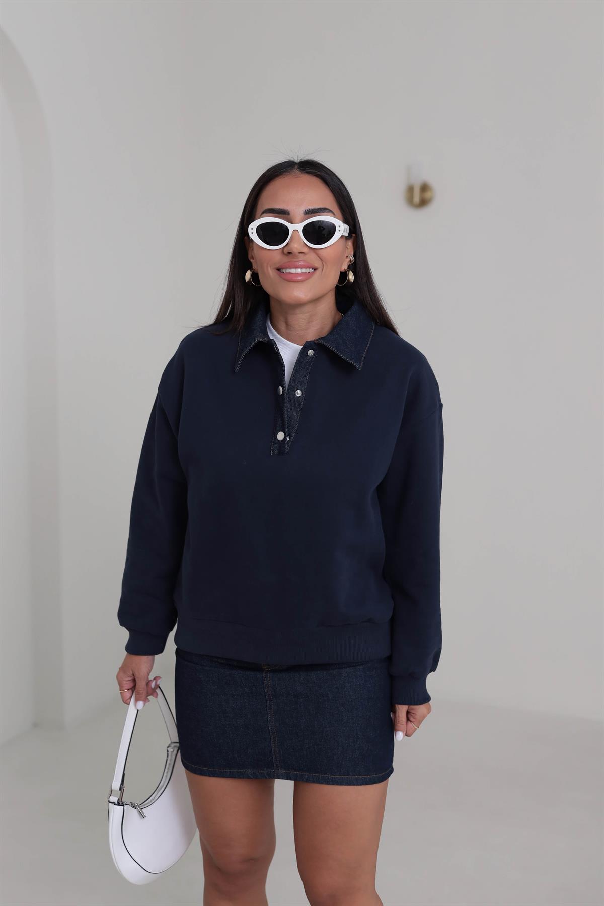 0178 Denim Yaka Tasarım Sweatshirt LACİVERT