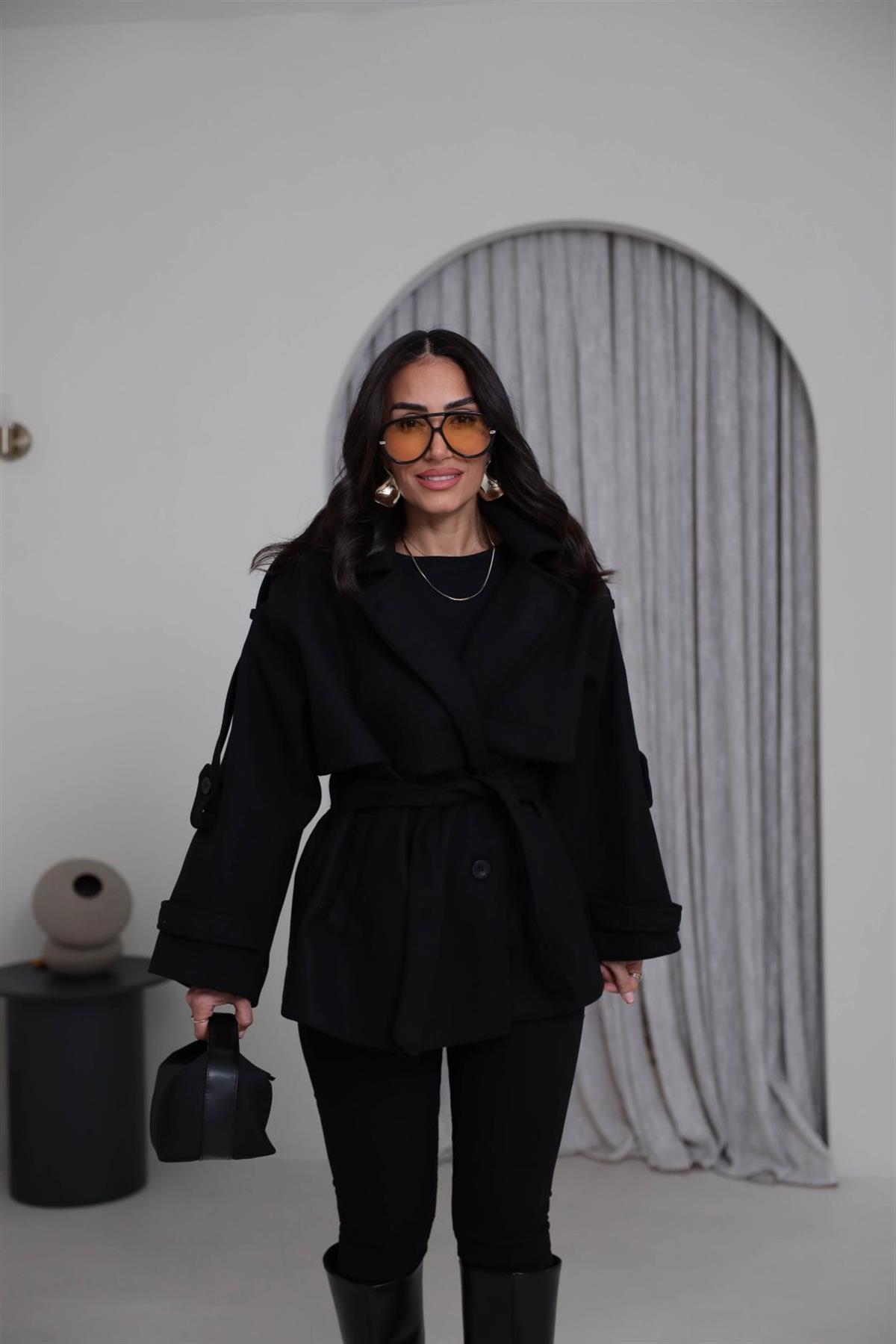 9669 Kuşaklı Oversize Premium Kaşe Ceket SİYAH