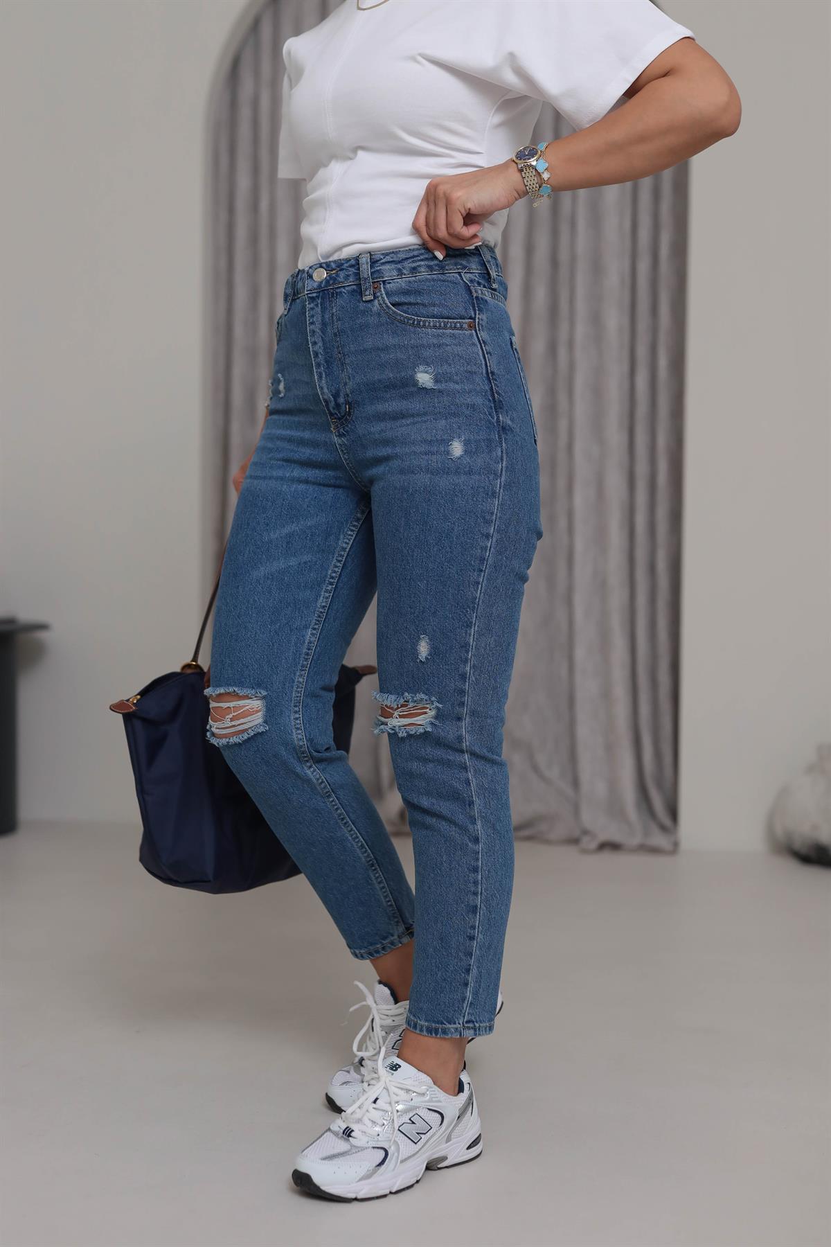 4062 Yüksek Bel Yırtıklı Mom Jean KOYU MAVİ