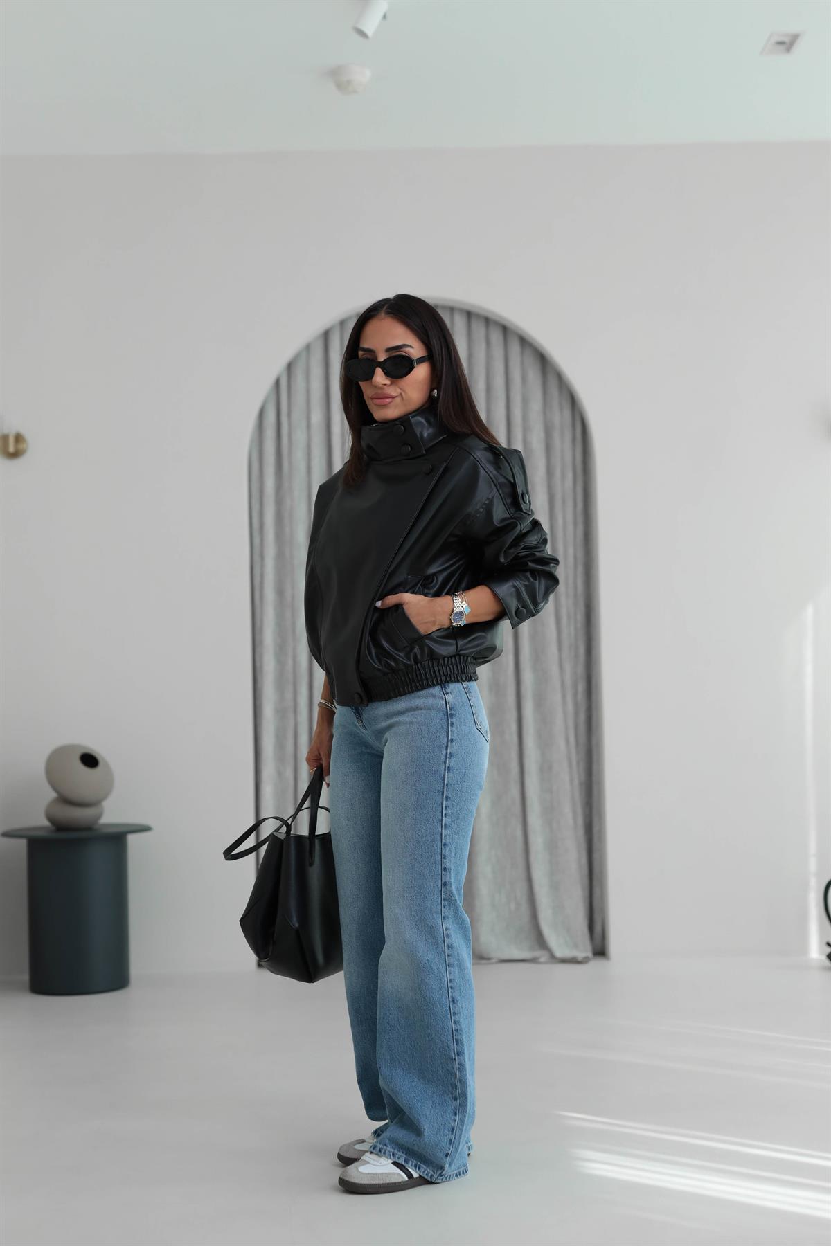 6797 Boyun Düğme Detaylı Suni Deri Ceket SİYAH