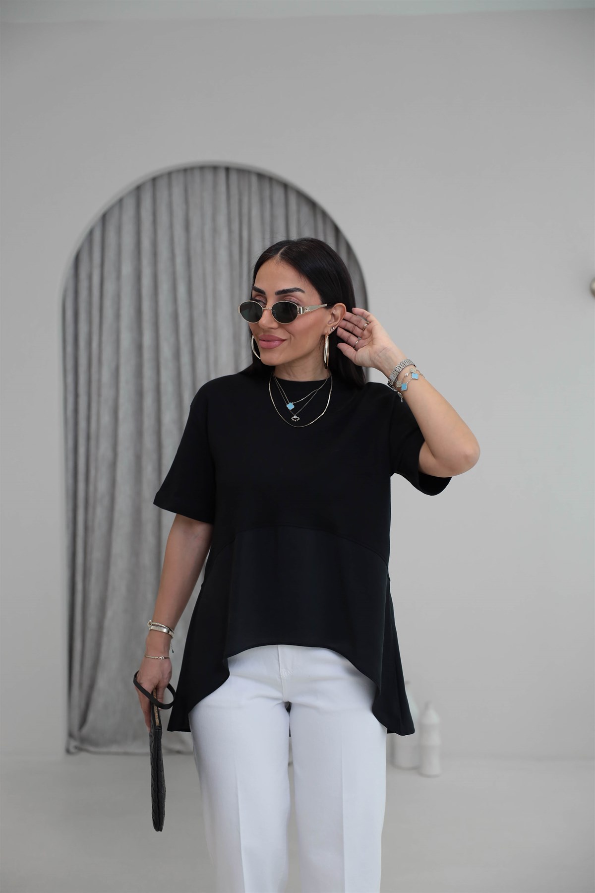 8204 Bisiklet Yaka Tencel Garnili Dökümlü Tshirt SİYAH