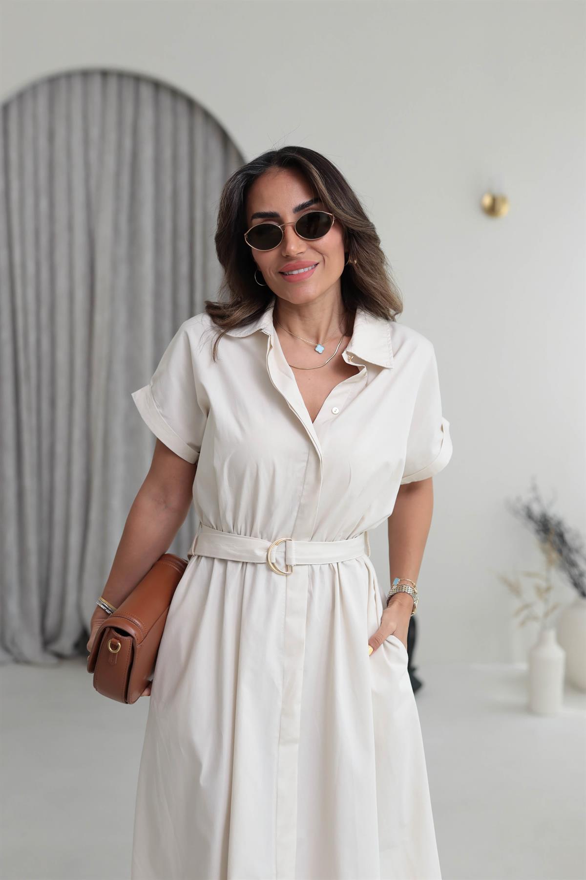 02075 Kısa Kol Kemerli Gömlek Elbise TAŞ