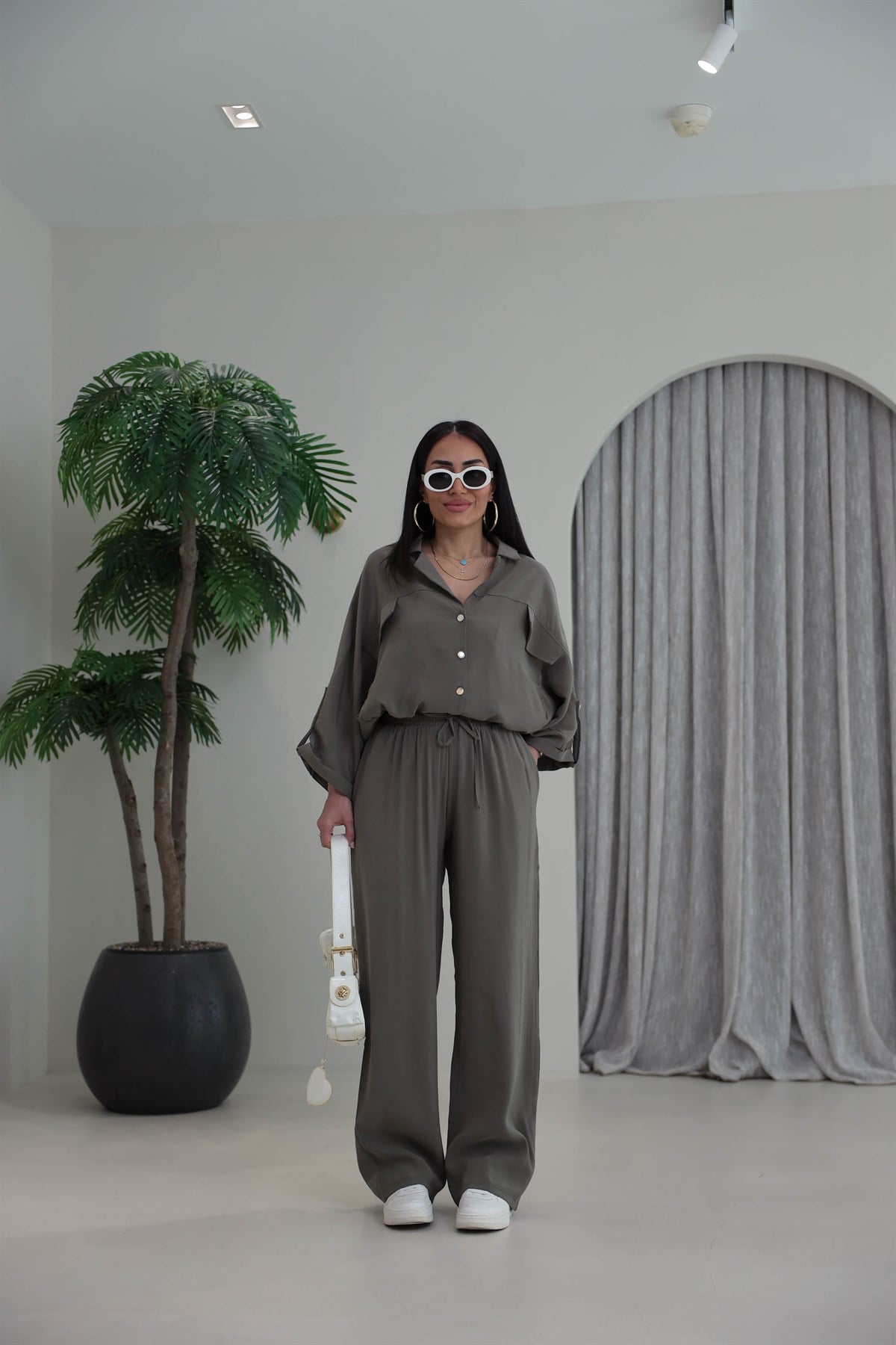 7121 Gold Düğmeli Tencel Kumaş Takım HAKİ YEŞİL