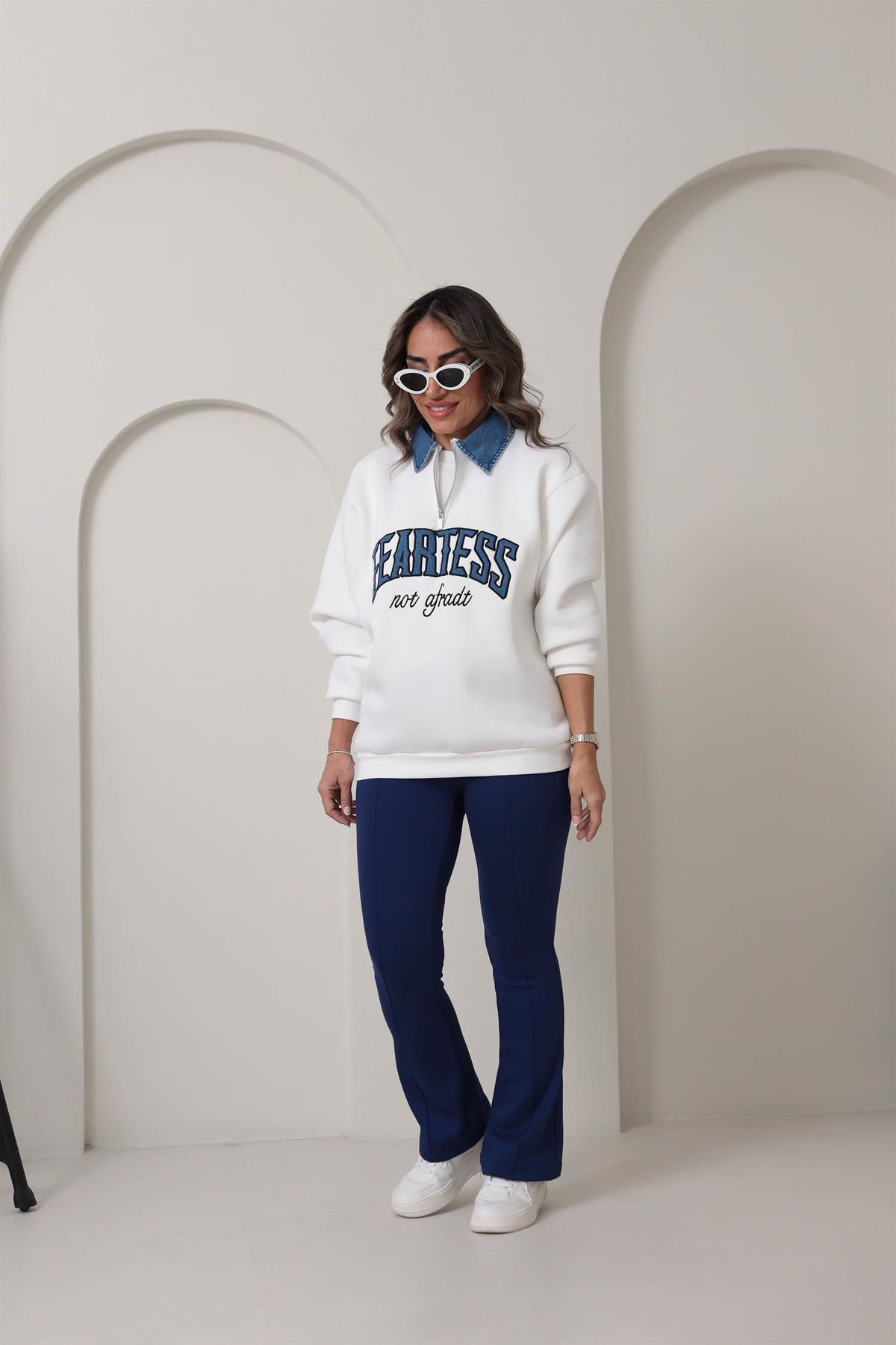 8660 Denim Mix Yaka Fermuarlı Şardonlu Sweatshirt EKRU