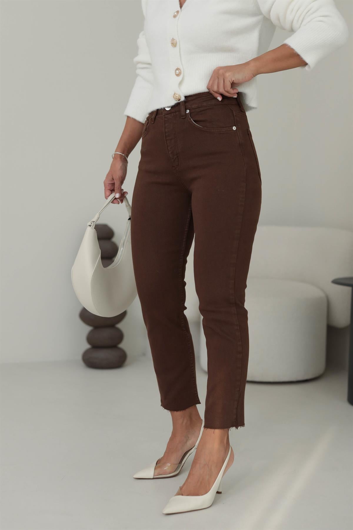 ZA Lazer Kesikli Boyfit Jean KAHVE