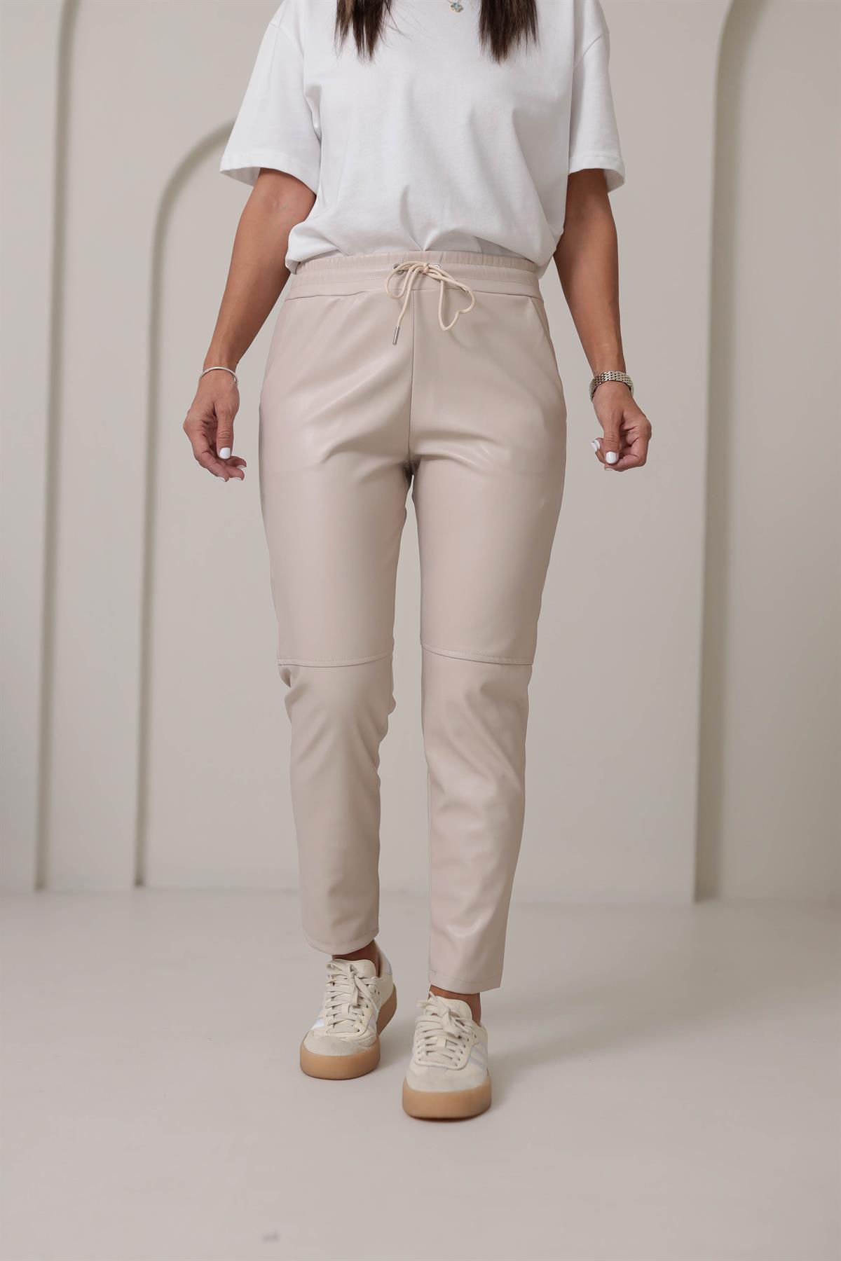 2022 Beli Lastikli Çimalı Deri Pantolon BEJ