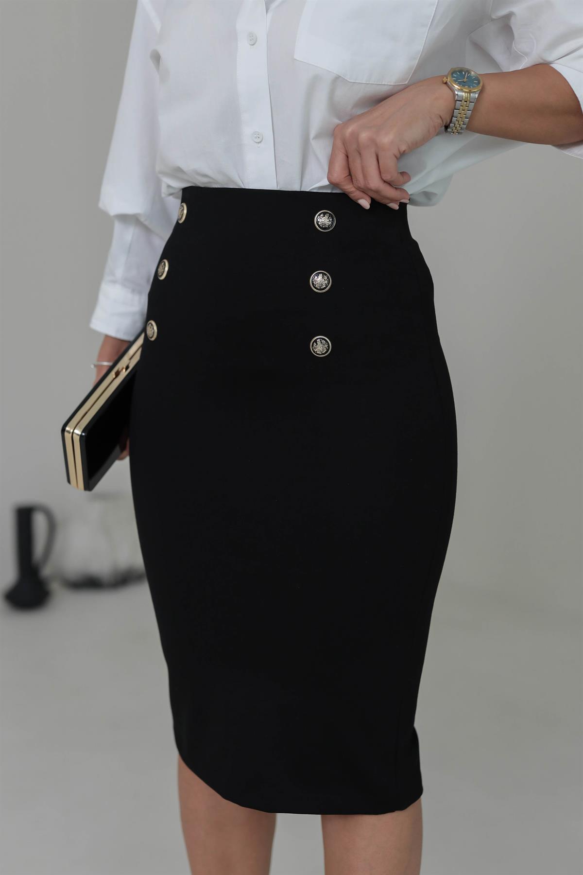 3130 Önü Düğme Detaylı Etek SİYAH