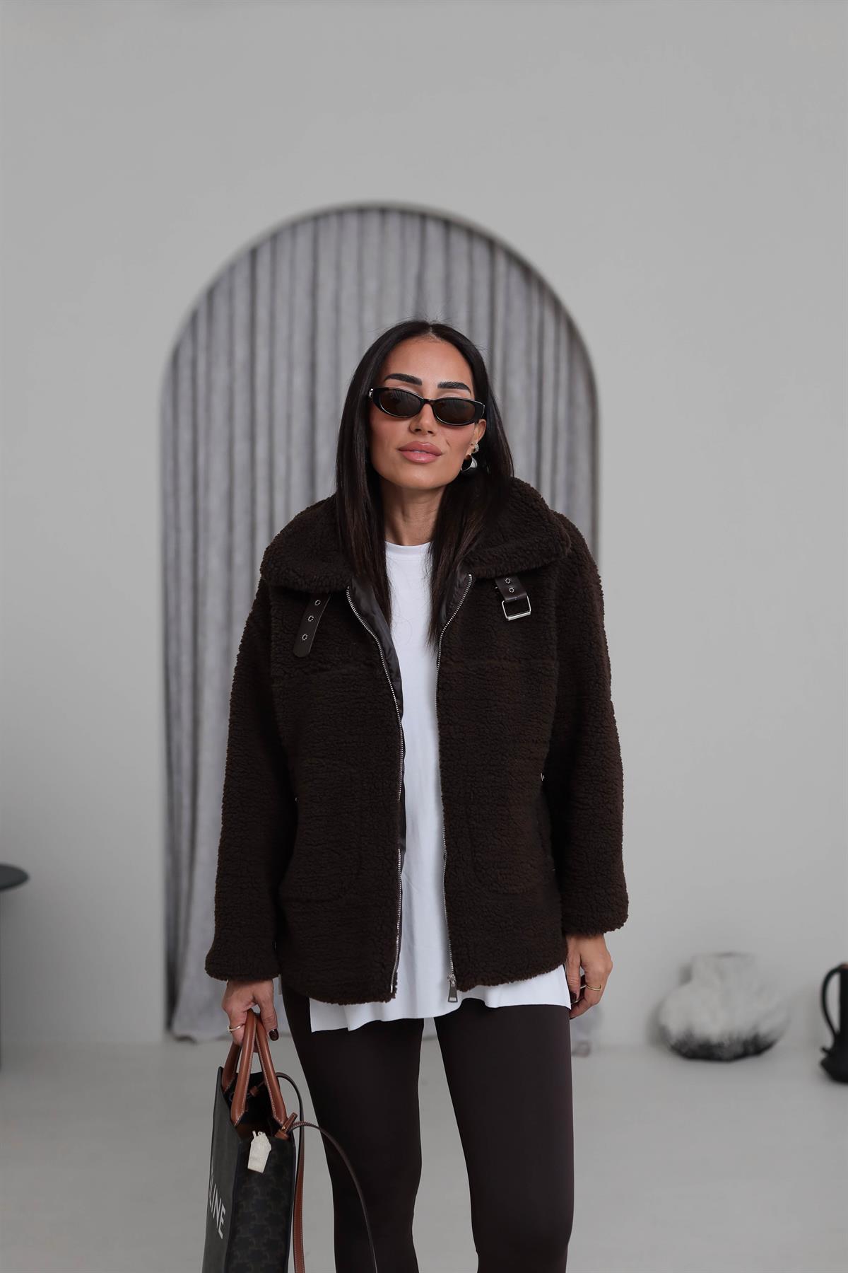 2635 Yaka Kemer Detaylı Fermuarlı Teddy Mont ACI KAHVE