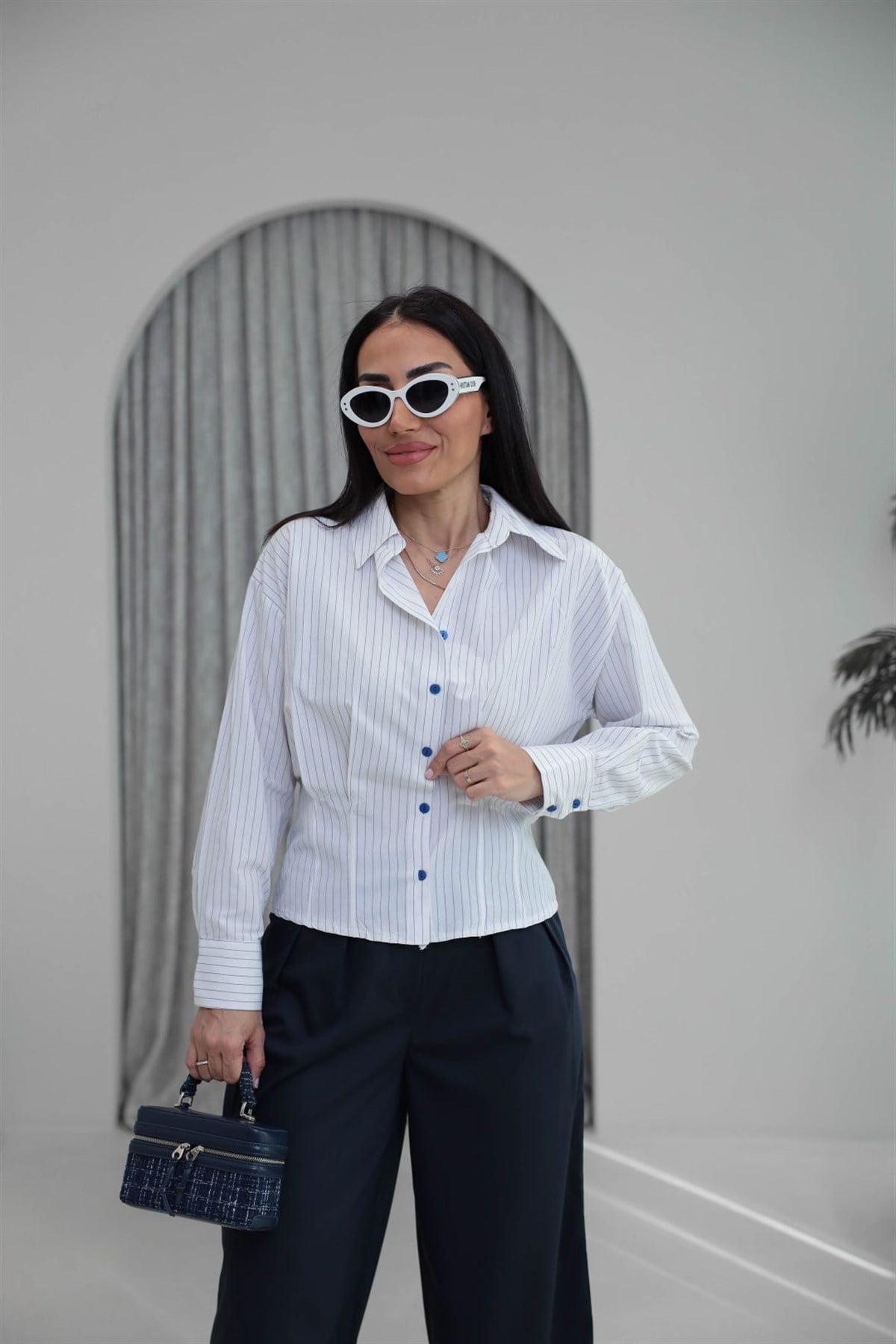 4531 Bel Pensli Çizgili Poplin Gömlek BEYAZ