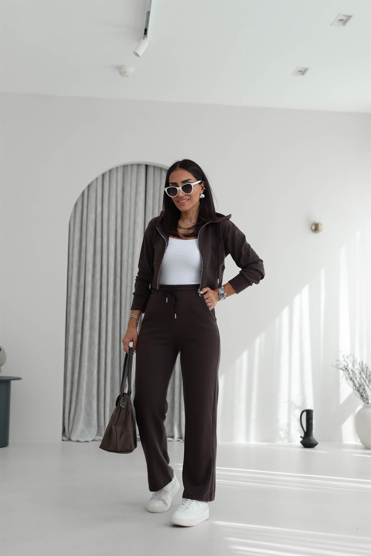 2331 Selanik Kumaş Fermuarlı Ceketli Takım KAHVE