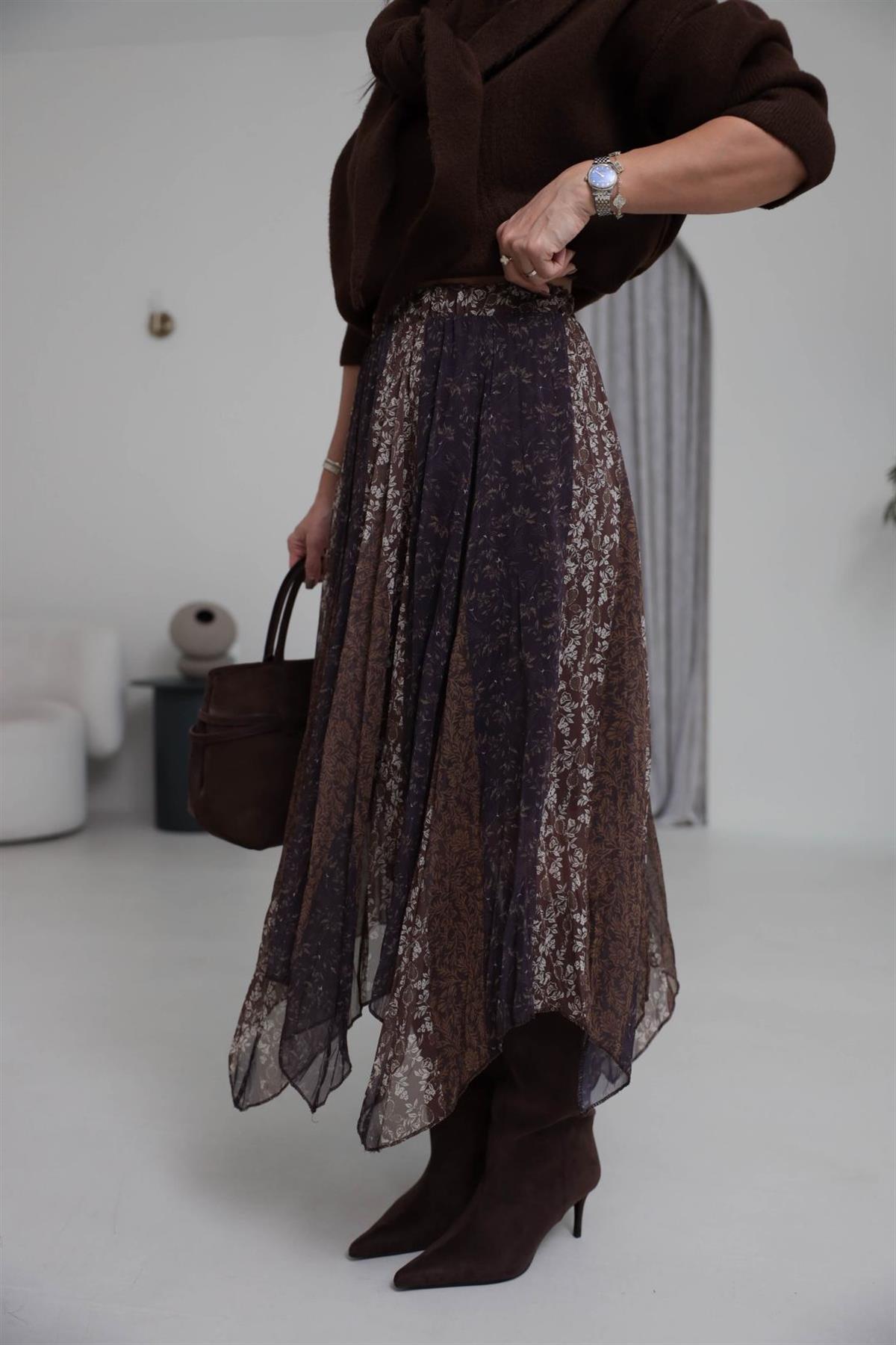 3873 Bel Lastikli Astarlı Asimetrik Etek ÇİÇEKLİ