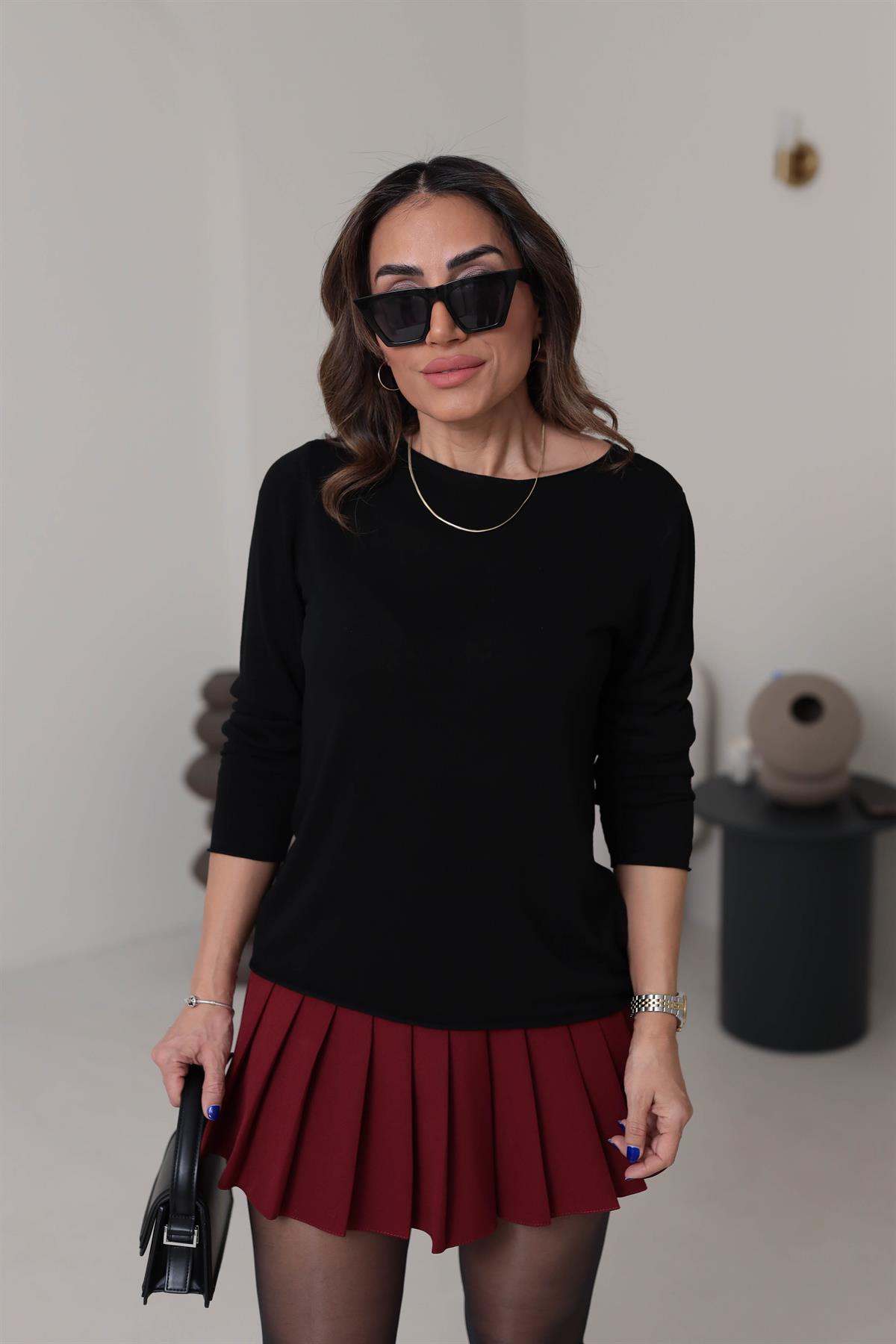 1061 Açık Yaka Uzun Kol İnce Triko SİYAH