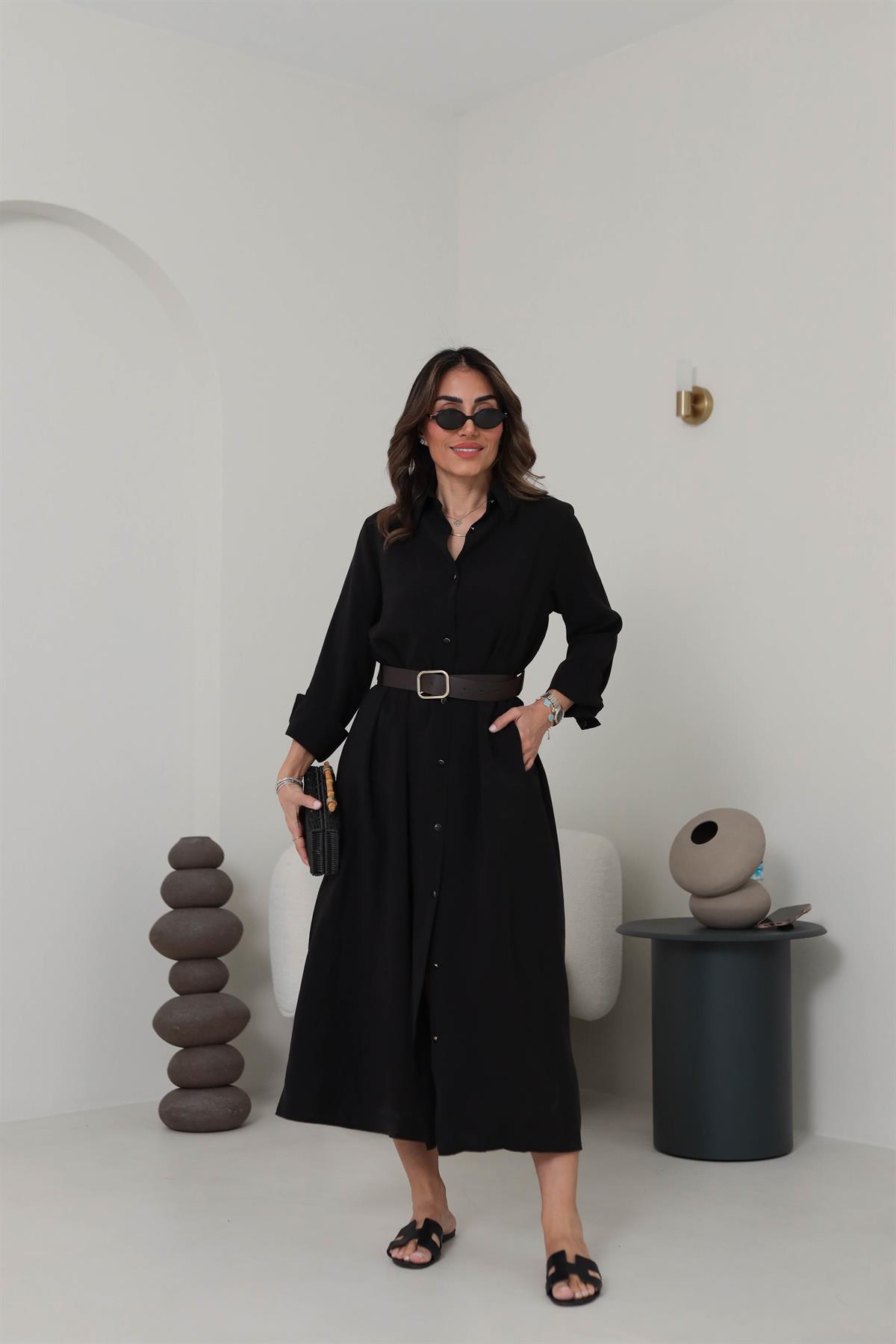 0286 Gold Düğmeli Tencel Gömlek Elbise SİYAH