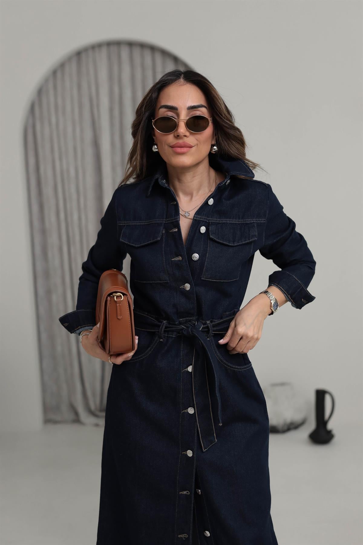 7326 Bel Kuşaklı Cepli Jean Gömlek Elbise KOYU LACİ