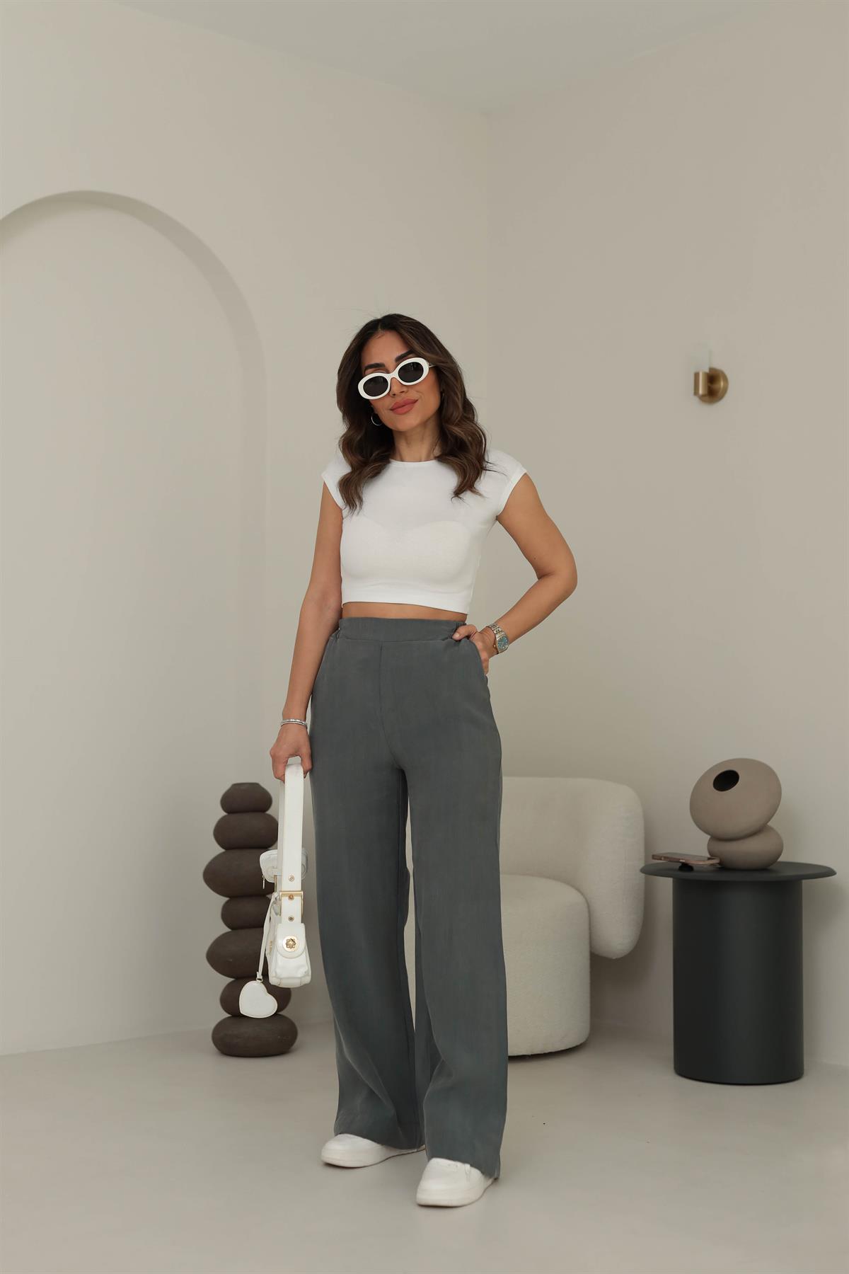 7054 Arkası Bel Lastikli Tencel Pantolon HAKİ YEŞİL