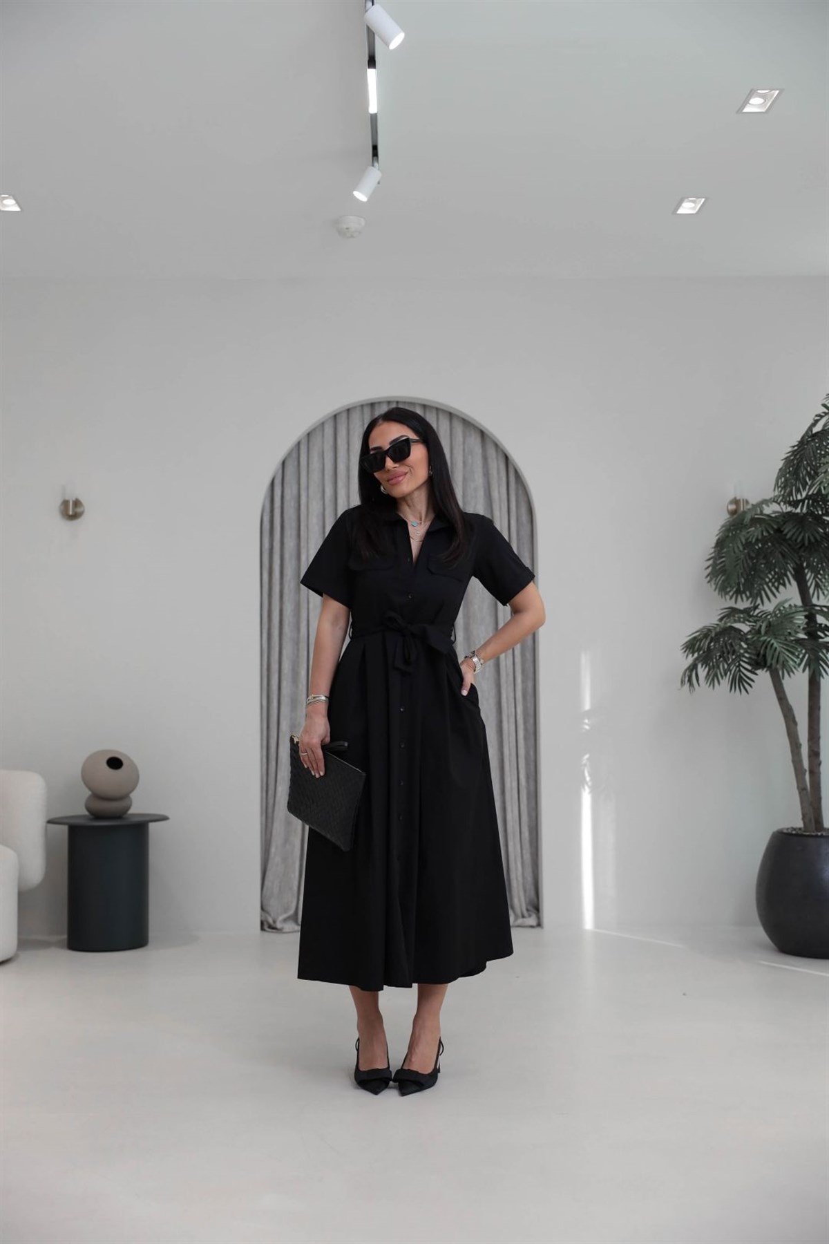 0165 Cep Kapaklı Kuşaklı Kısa Kol Kloş Elbise SİYAH