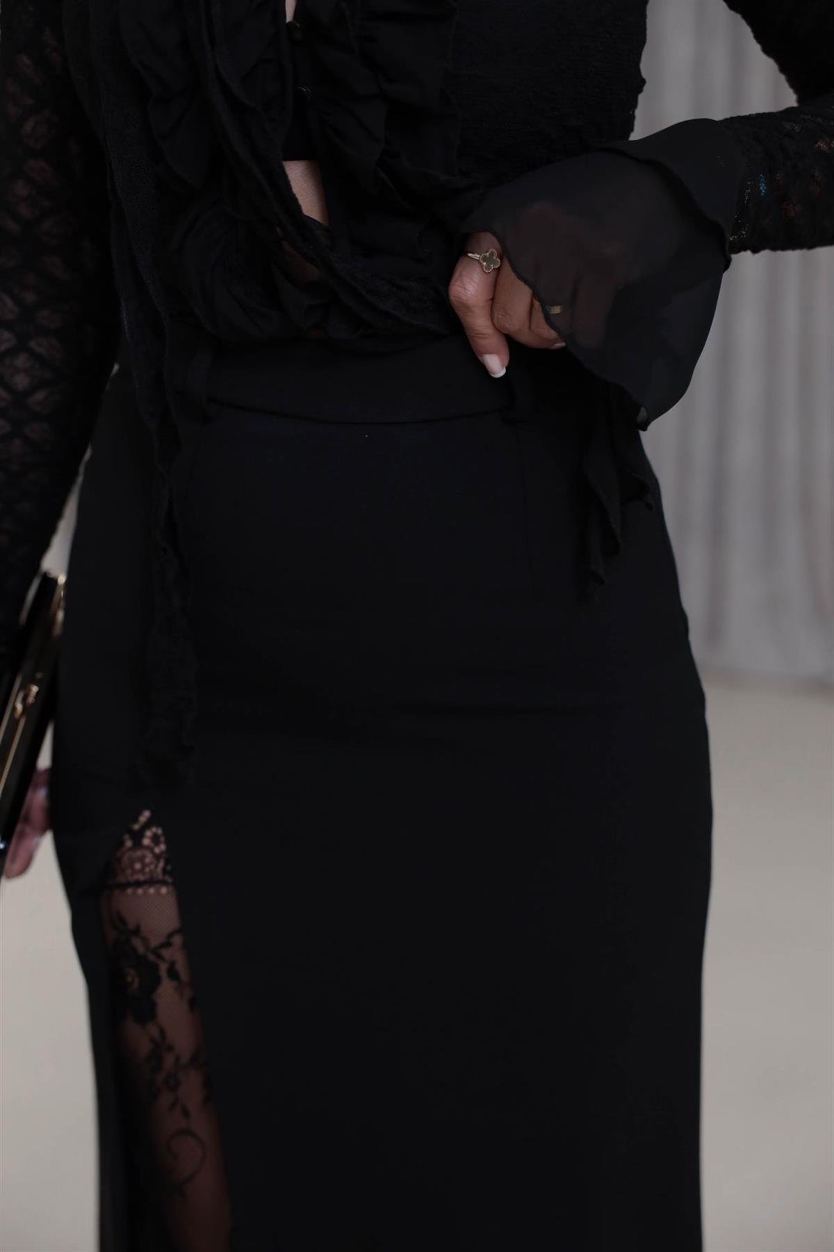 1017 Dantel Yırtmaçlı Kumaş Etek SİYAH