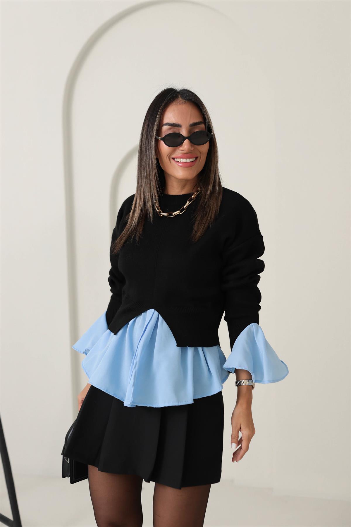 0005 Kolları ve Etek Ucu Volanlı Gömlek Detay Triko SİYAH