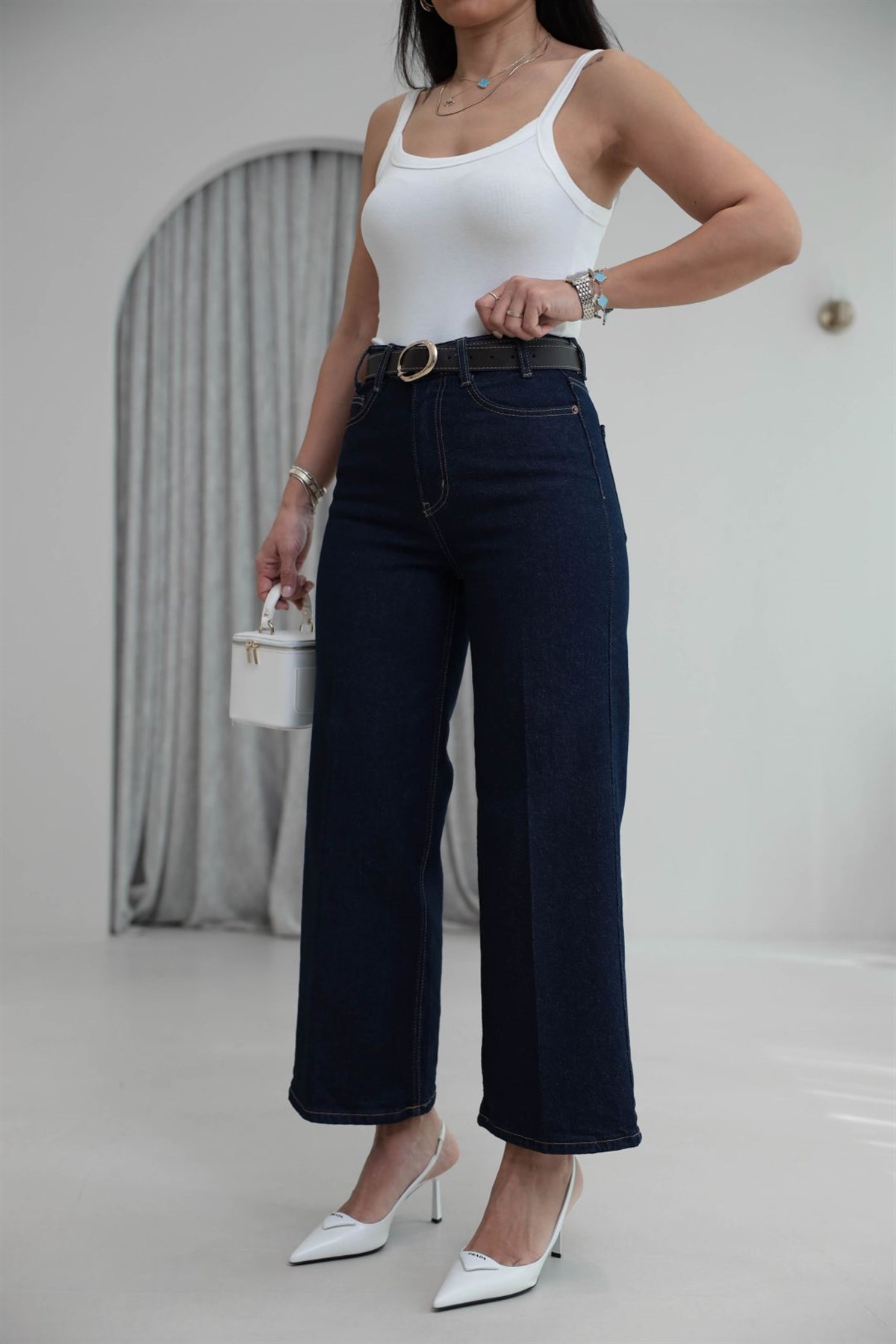 Kemerli Yüksek Bel Culotte Jean LACİVERT