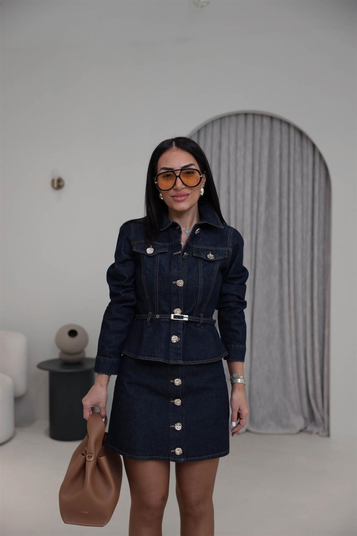 9266 Gold Düğmeli Belden Kemerli Denim Takım LACİVERT