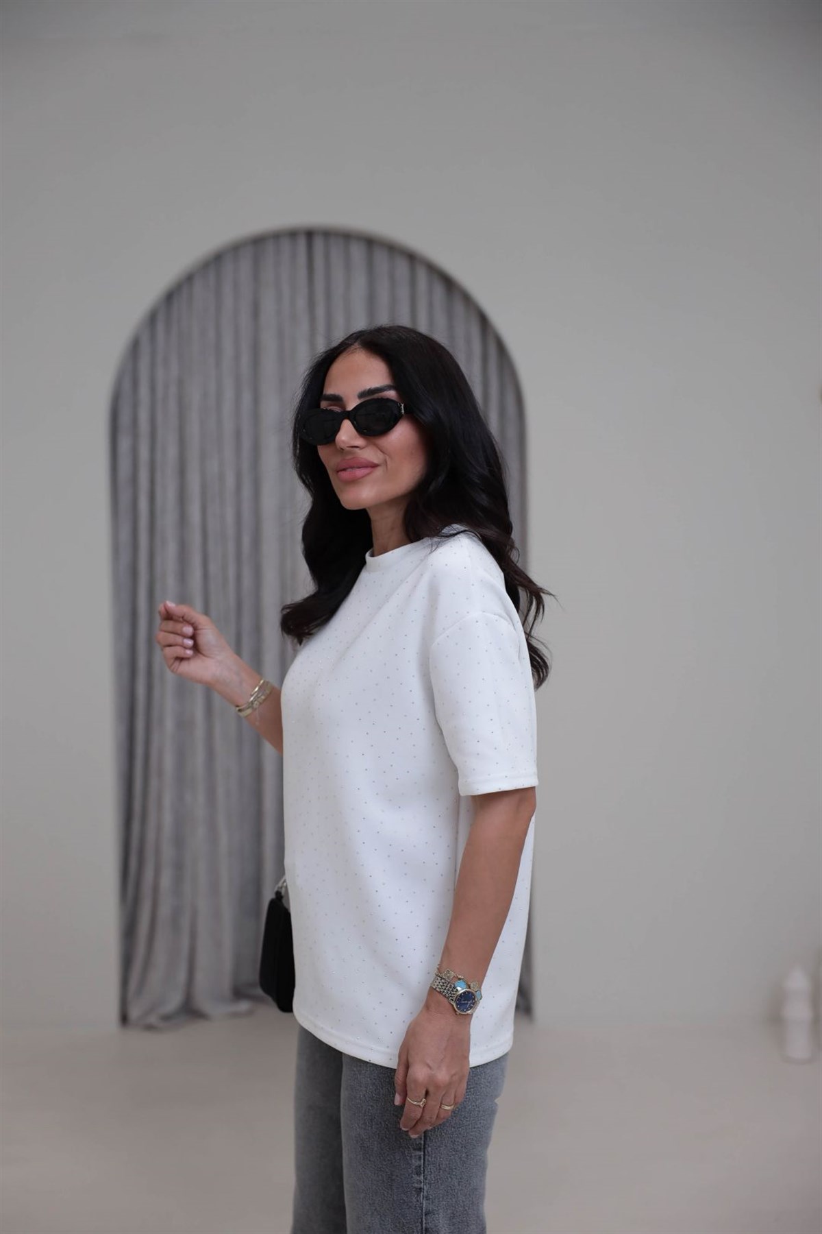 4236 Bisiklet Yaka Taşlı Tshirt EKRU