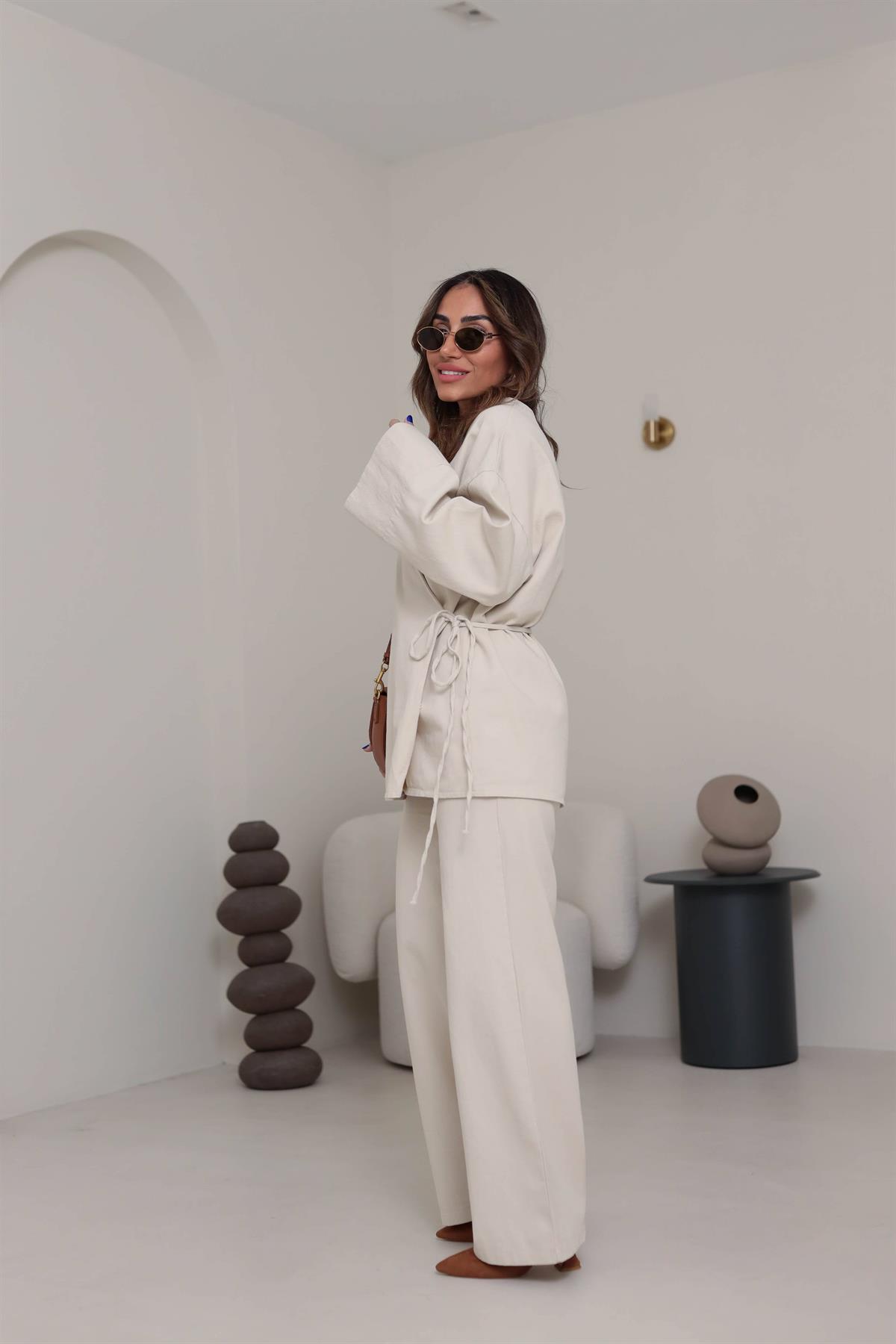 8629 Duble Kol Önden Bağlamalı Ceket & Pantolon Takım TAŞ