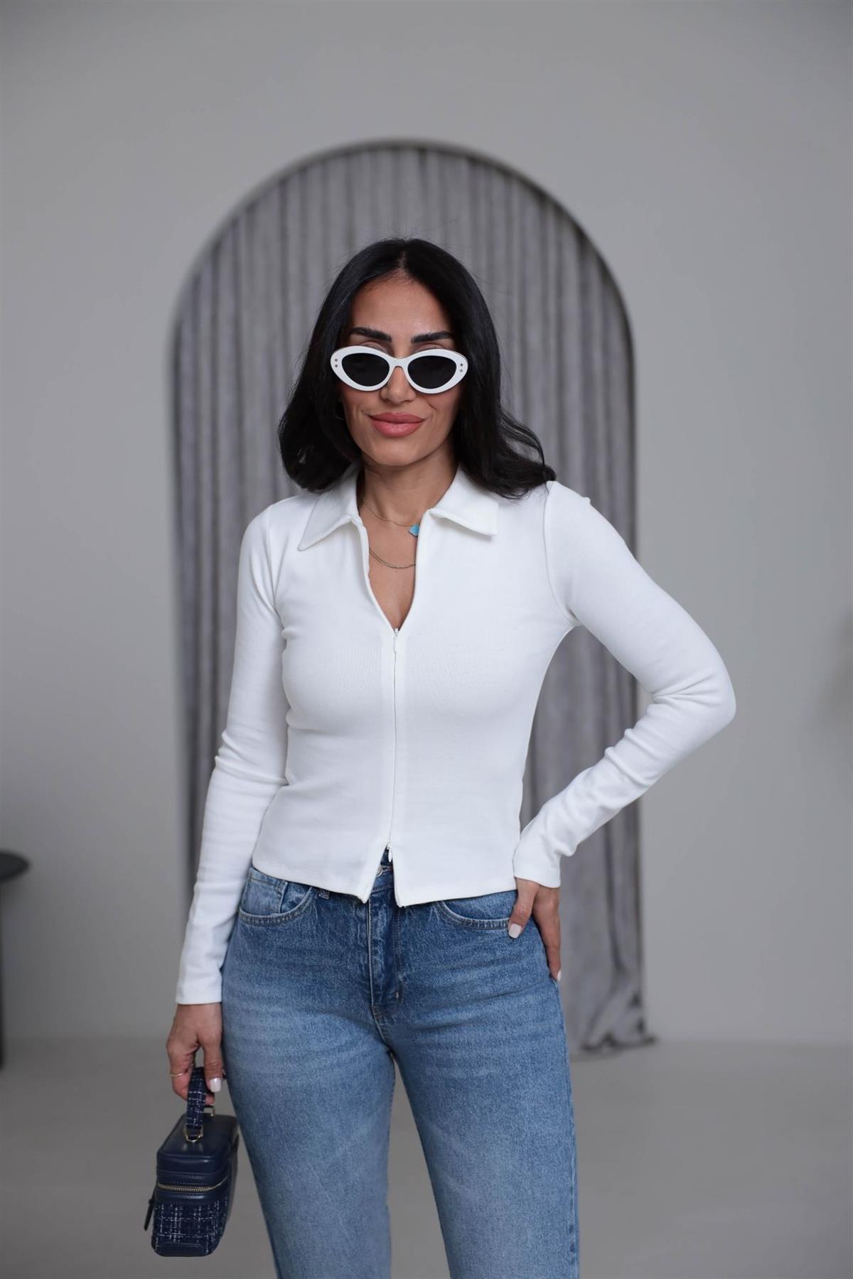 7246 Fermuar Detaylı Polo Yaka Bluz EKRU