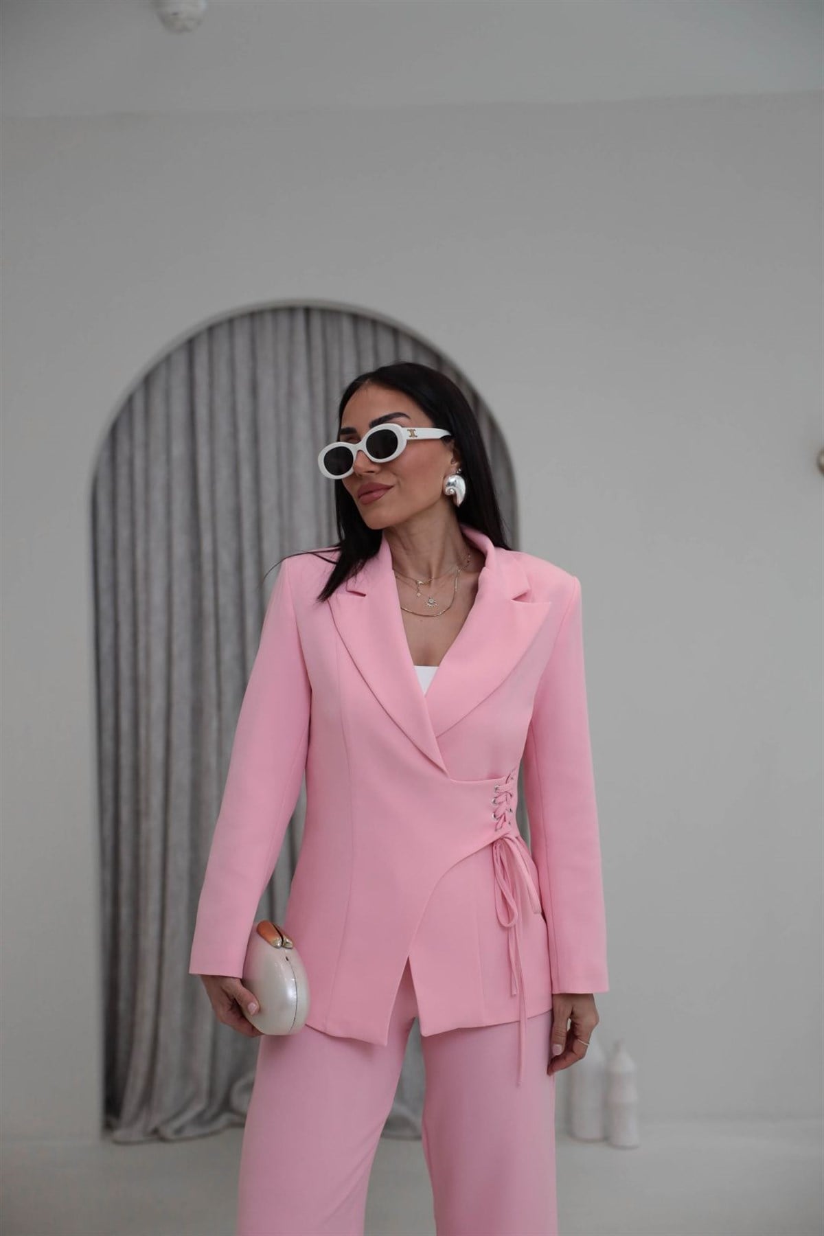 9295 Yandan Kuşgözü Bağlama Detaylı Ceket Pantolon Takım PEMBE