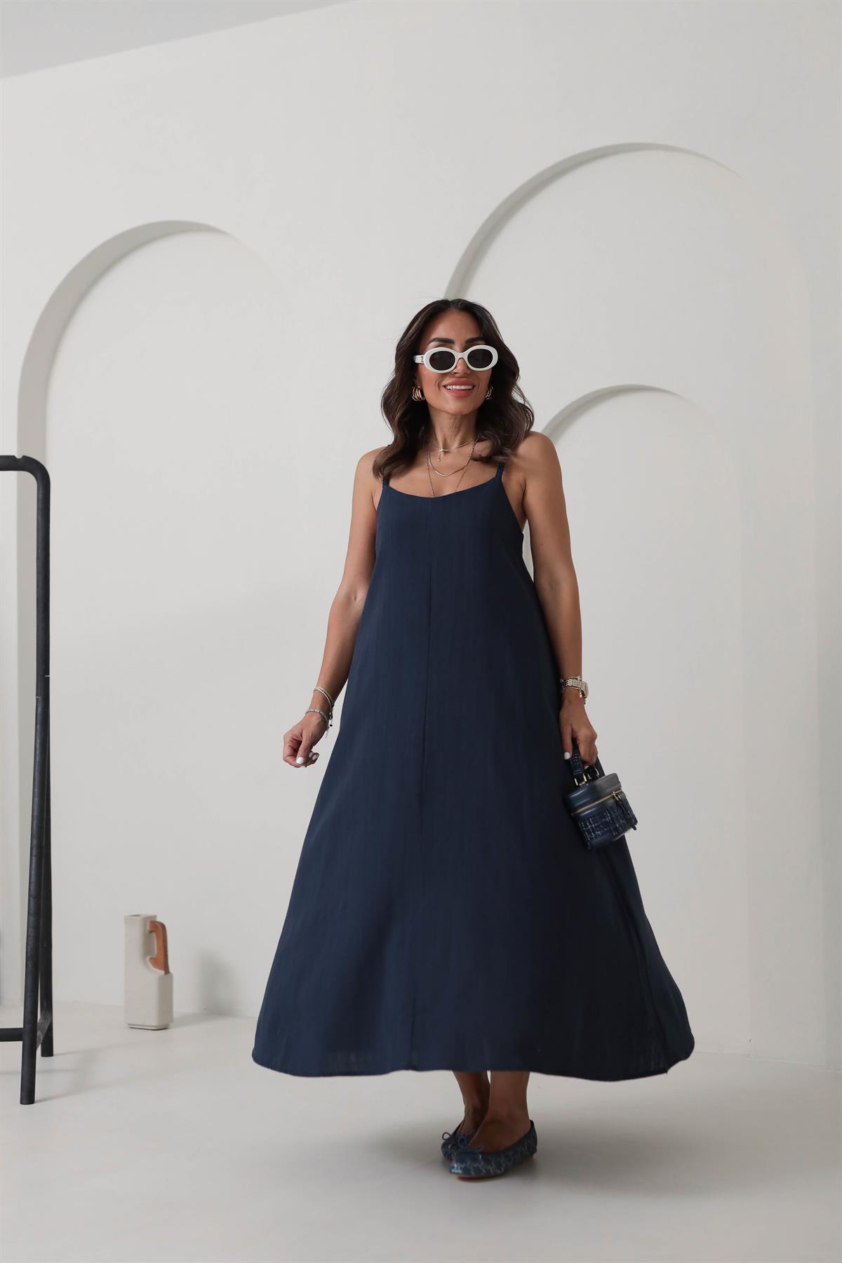 DXB Hasır Örgü Askılı Keten Elbise LACİVERT