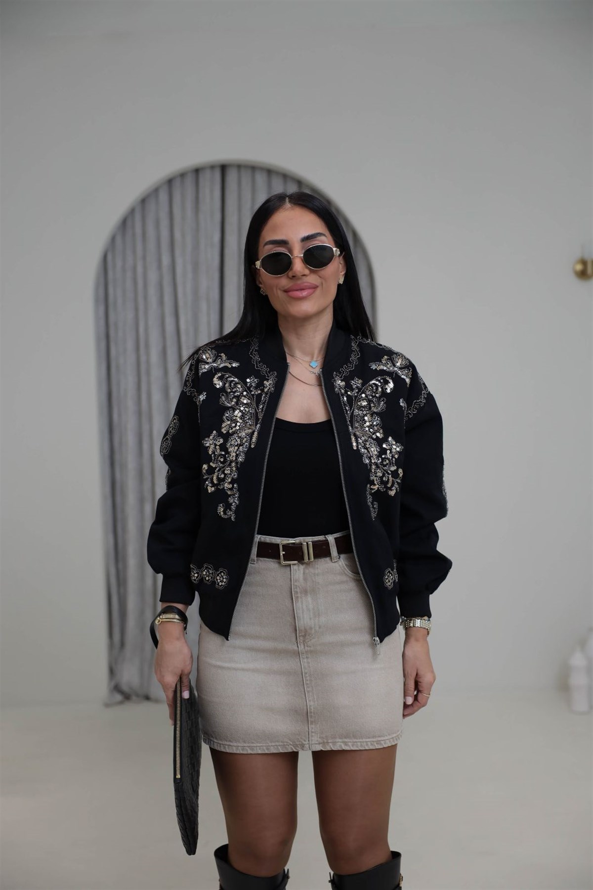 1131 Süet Kemerli Mini Kot Etek BEJ