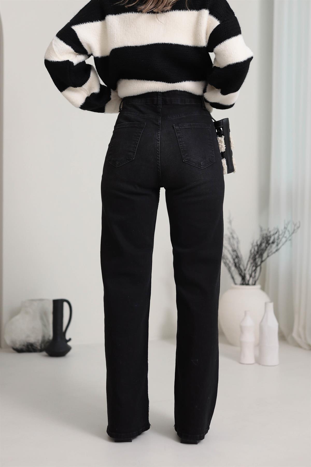 1071 Yüksek Bel Dökümlü Palazzo Jean YIKAMALI SİYAH