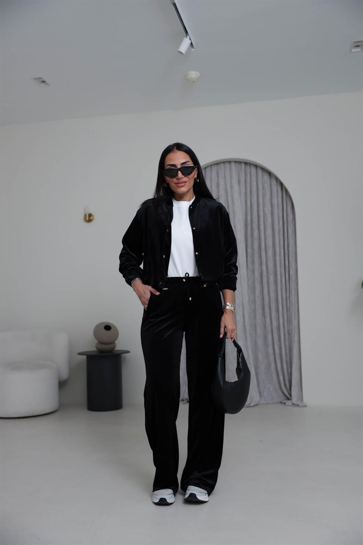 0109 Kadife Belden Büzgülü Çıtçıtlı Takım SİYAH