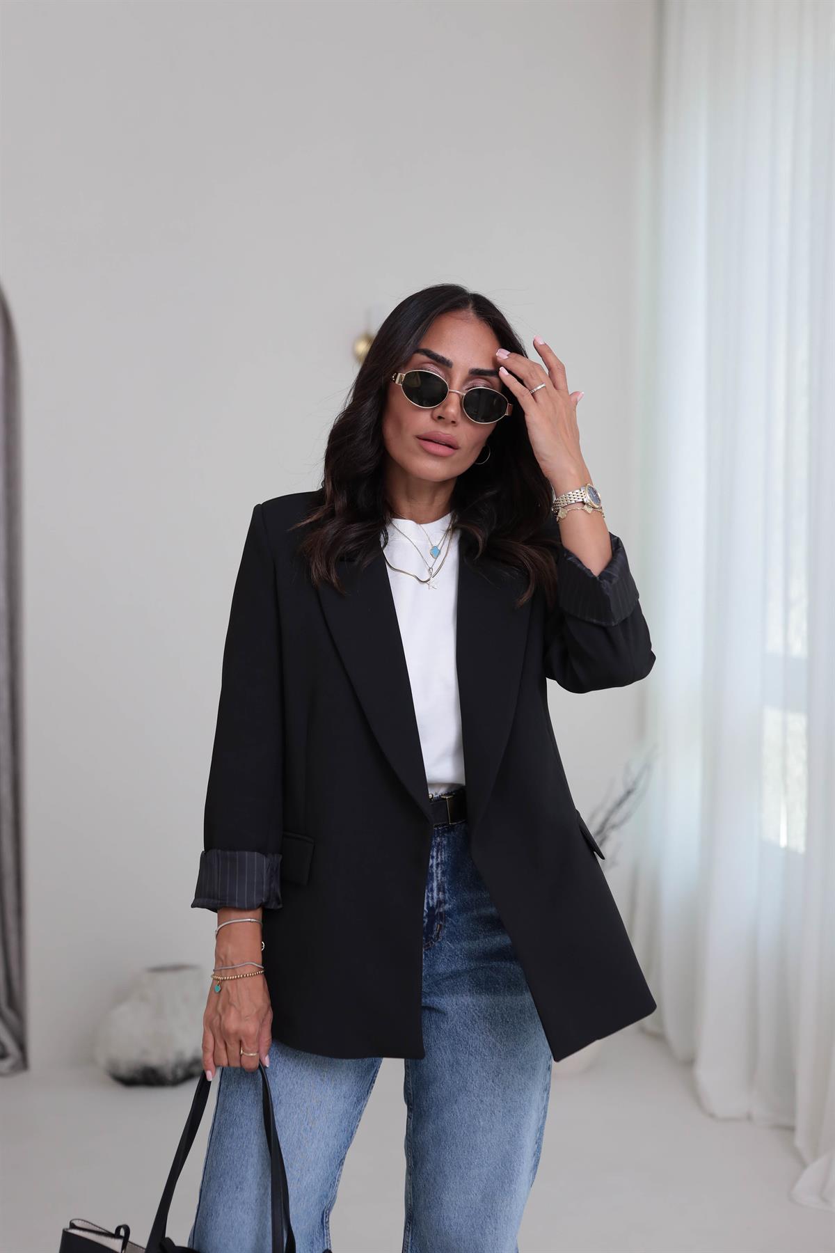 7560 Kol Katlamalı Cep Detaylı Astarlı Ceket SİYAH