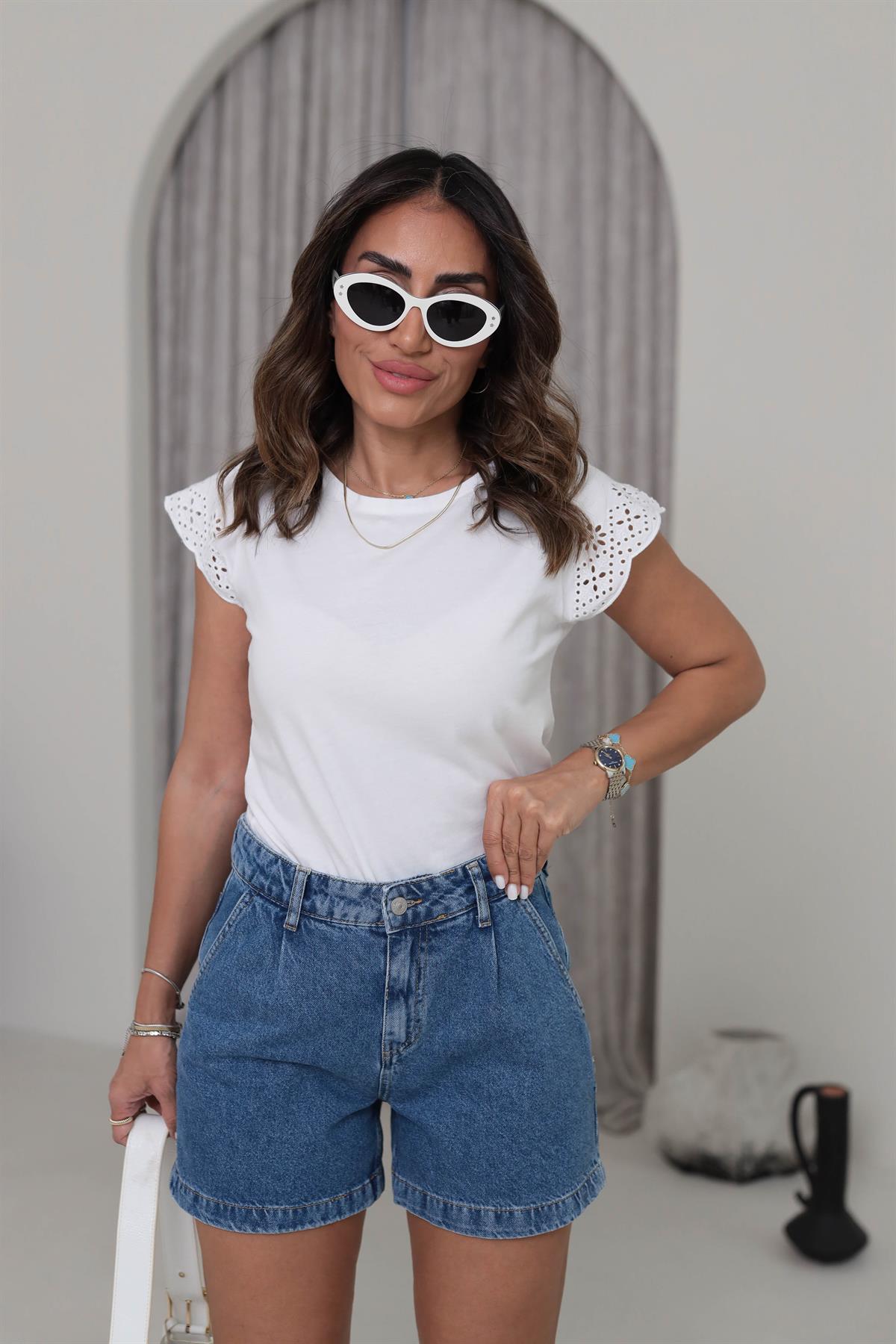 2982 Pamuklu Kolları Fistolu Tshirt BEYAZ