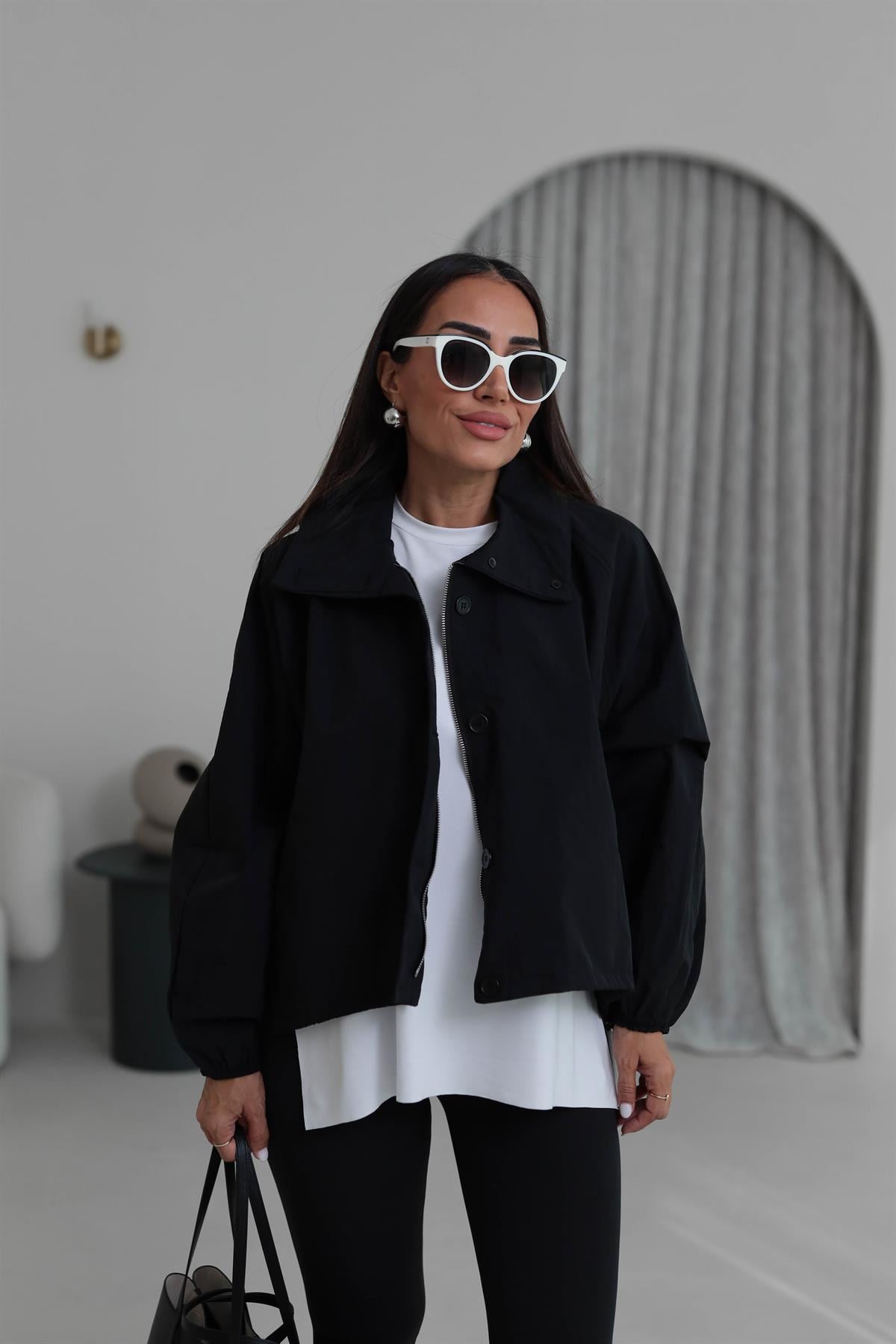 6721 Dik Yaka Düğmeli Fermuarlı Bomber Ceket SİYAH