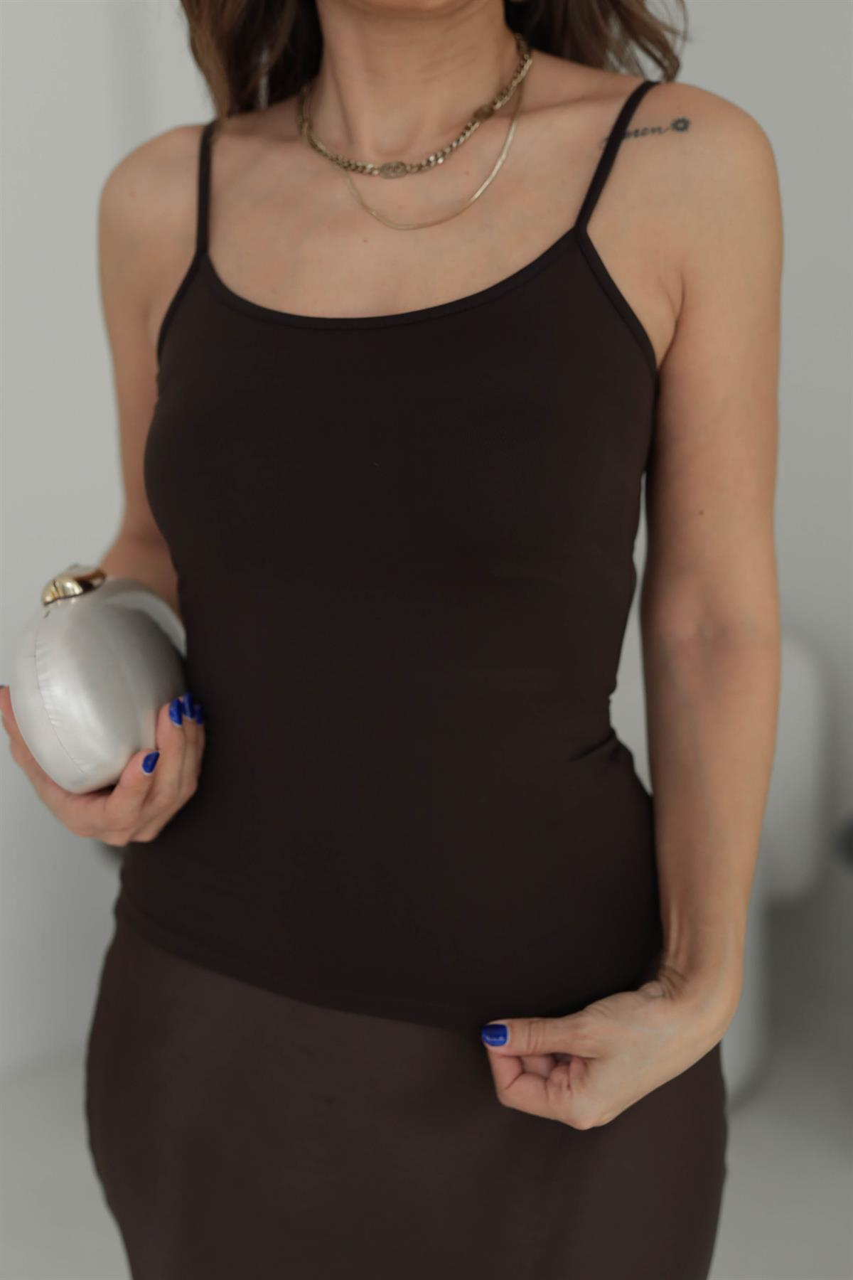 0901 İp Askılı Likralı Polyamid Atlet KAHVE