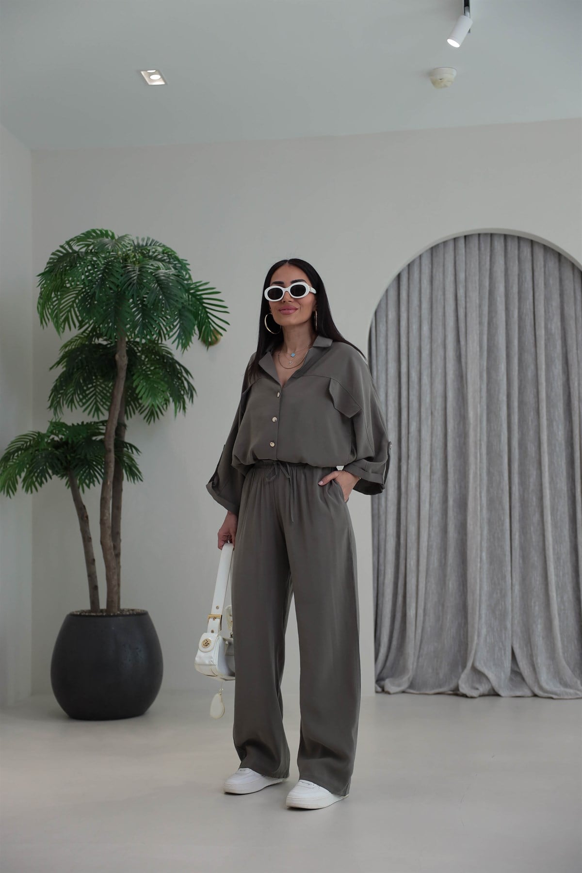 7121 Gold Düğmeli Tencel Kumaş Takım HAKİ YEŞİL