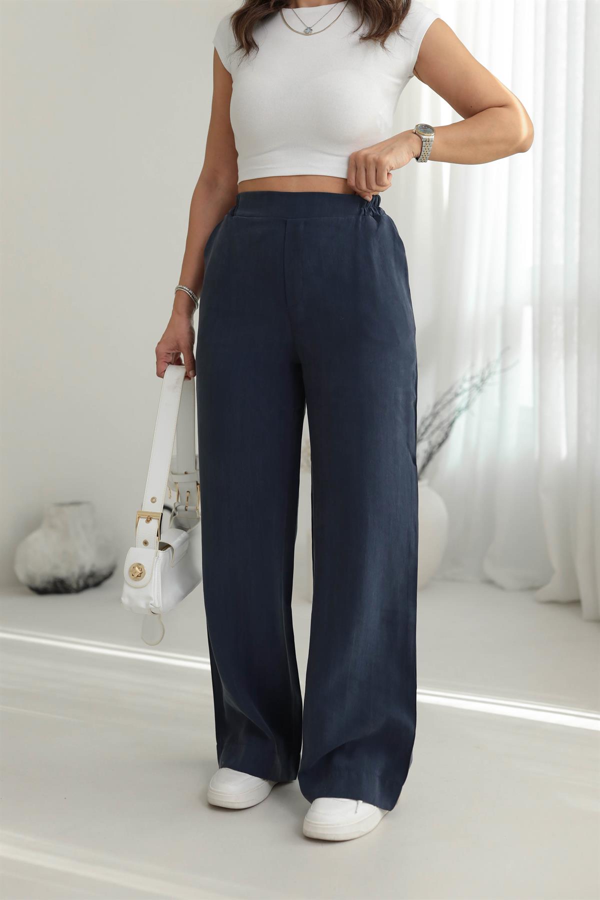 7054 Arkası Bel Lastikli Tencel Pantolon LACİVERT