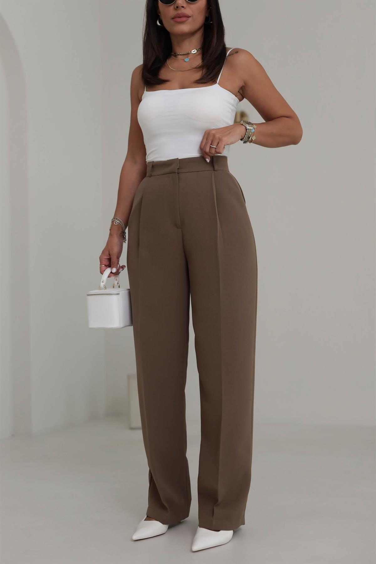 1024 Pile Detaylı Kumaş Pantolon CAMEL