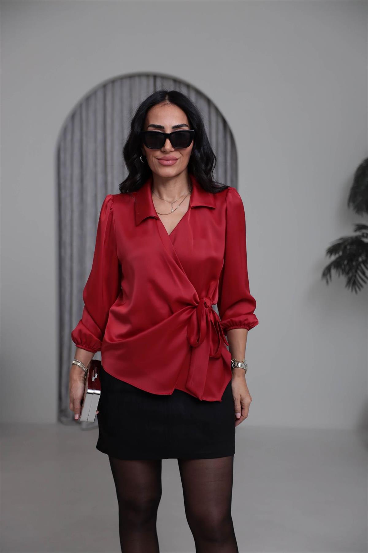 K0132 Kruvaze Yaka İpek Saten Gömlek Bluz KIRMIZI