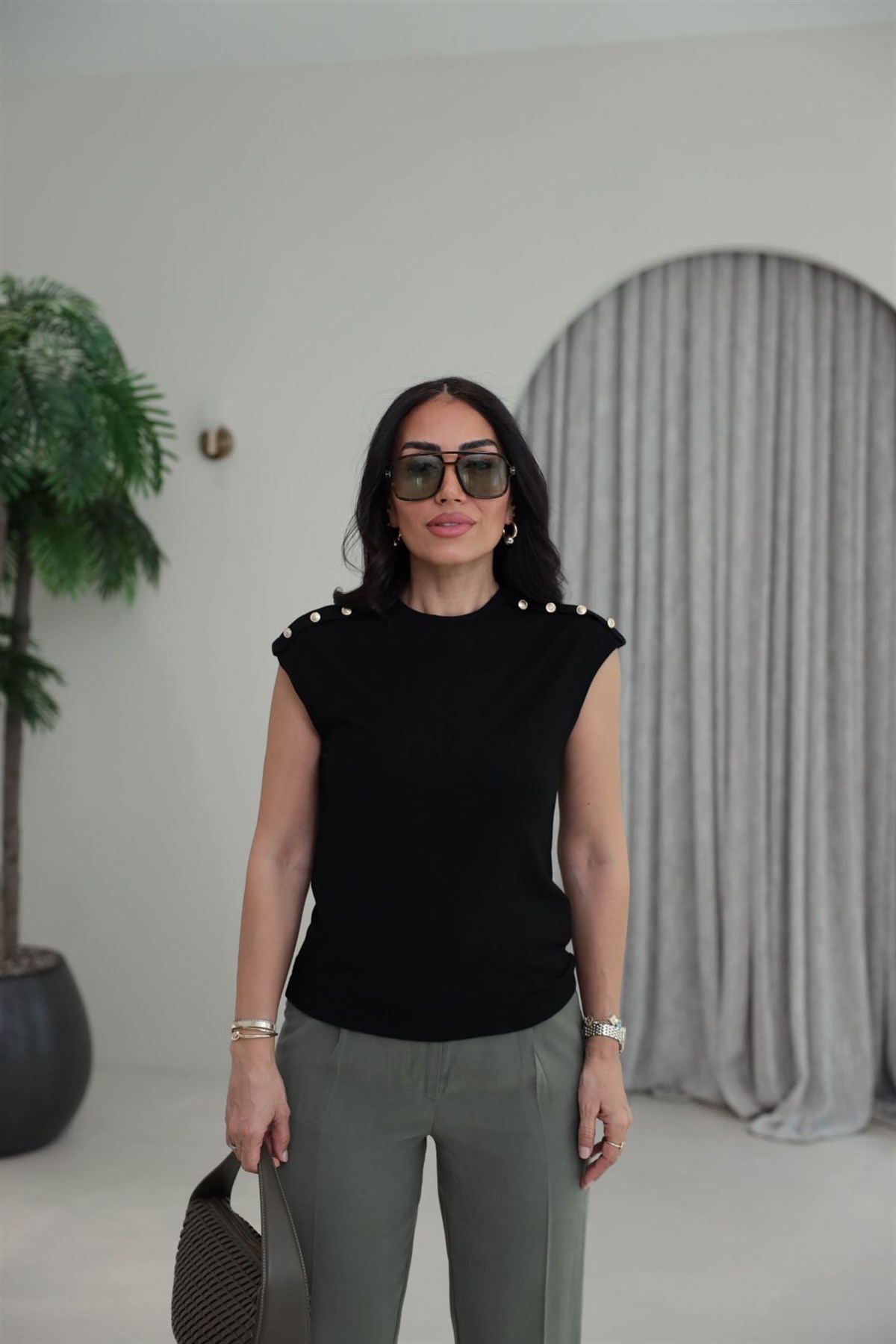 8483 Omuz Düğmeli Modal Massi Bluz SİYAH