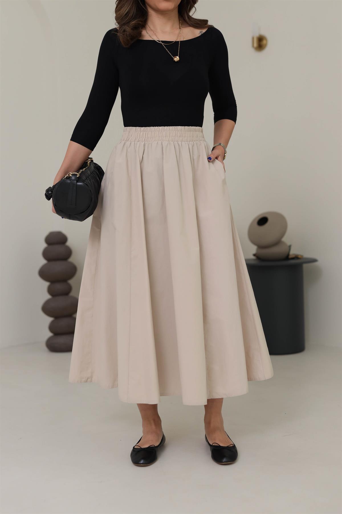 7884 Bel Lastikli Cep Detaylı Parçalı Midi Etek TAŞ